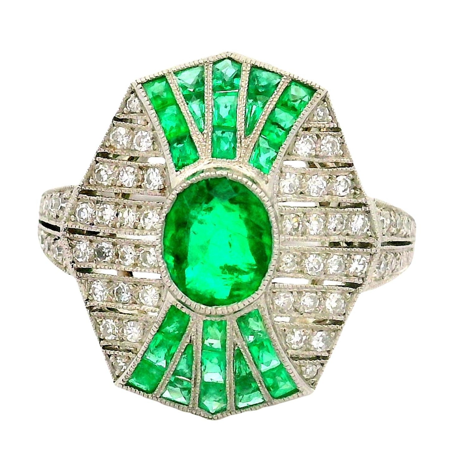 Emerald Diamond Platinum Art-Deco Style Ring
