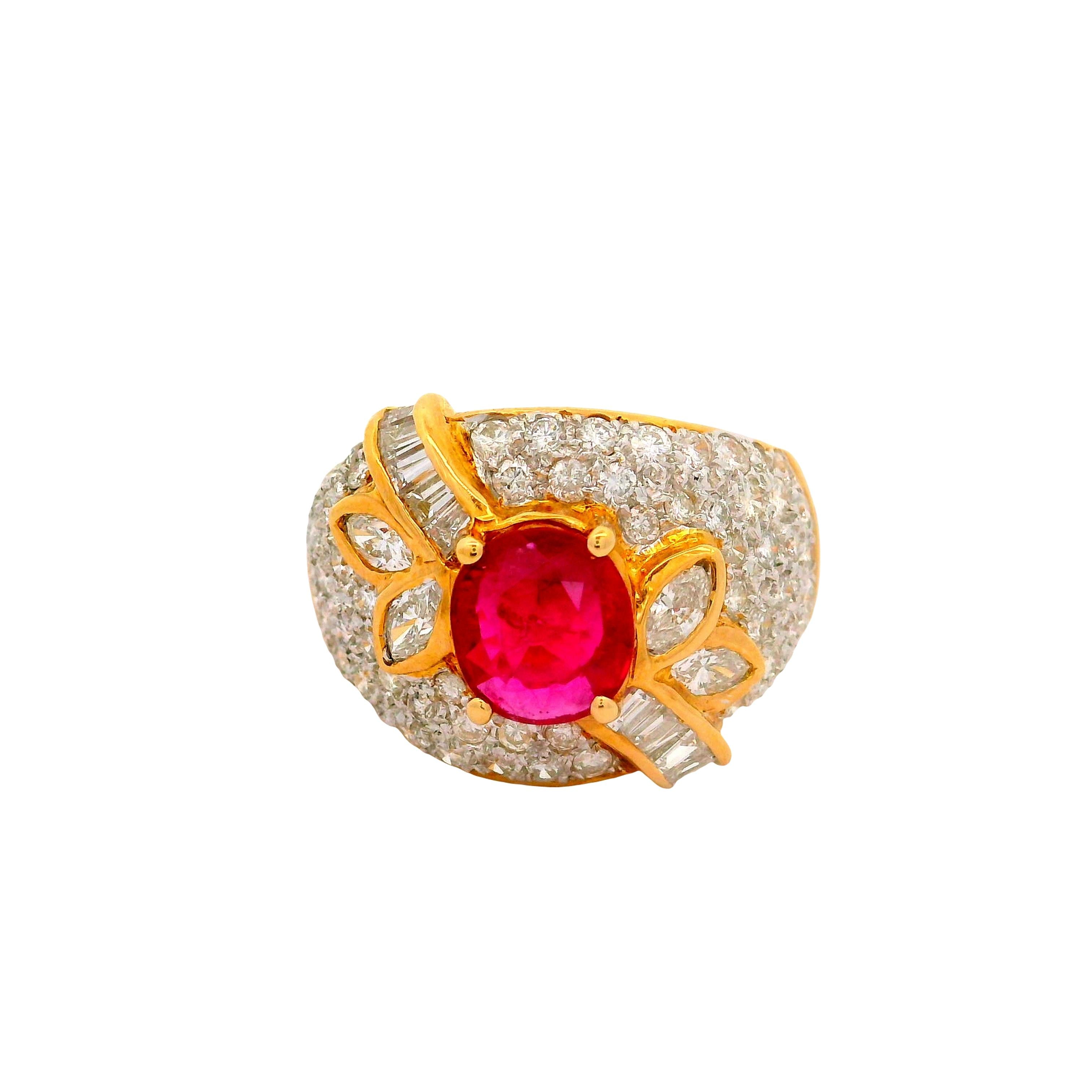 1.39 Carat Ruby Diamond Pave 18K Yellow Gold Ring