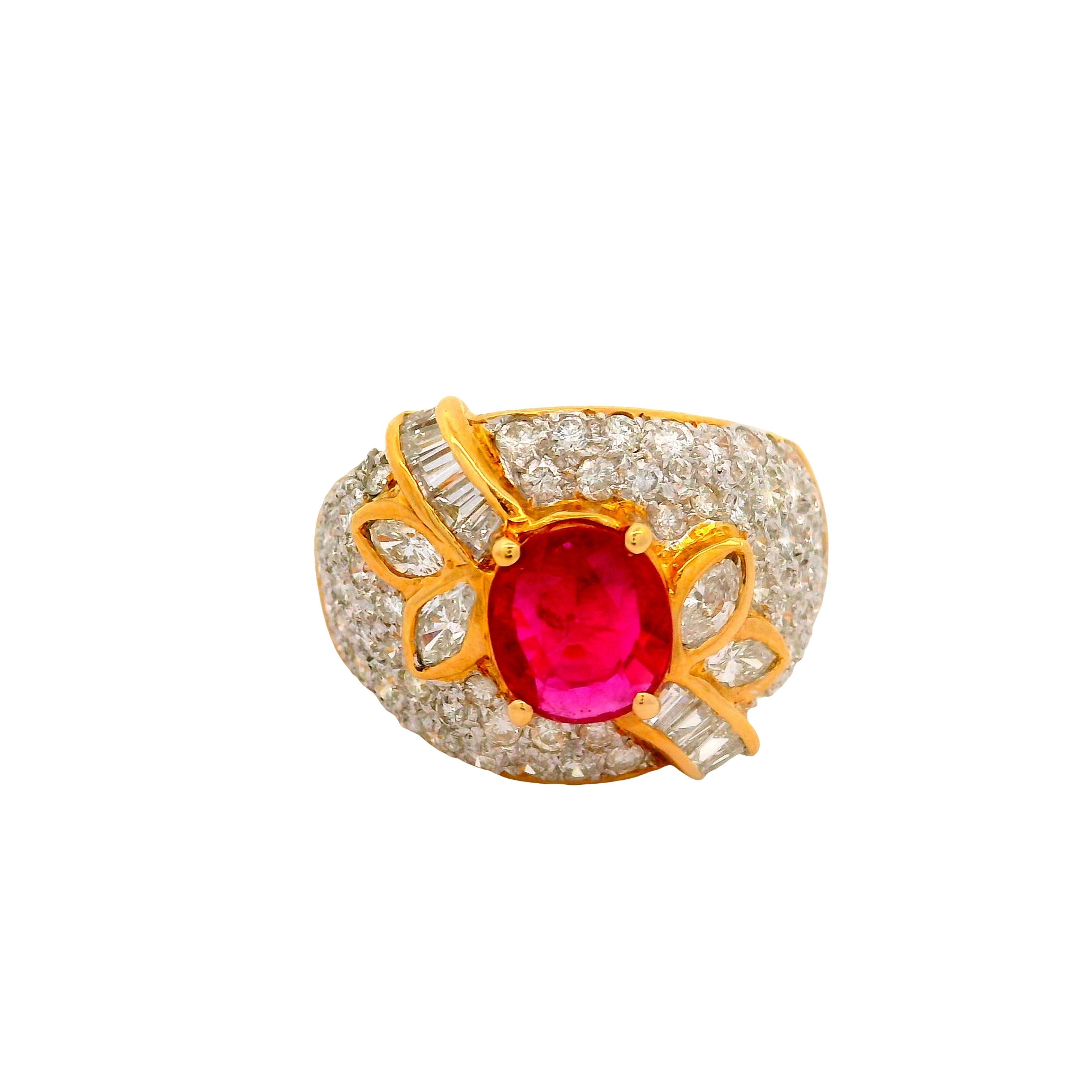 1.39 Carat Ruby Diamond Pave 18K Yellow Gold Ring
