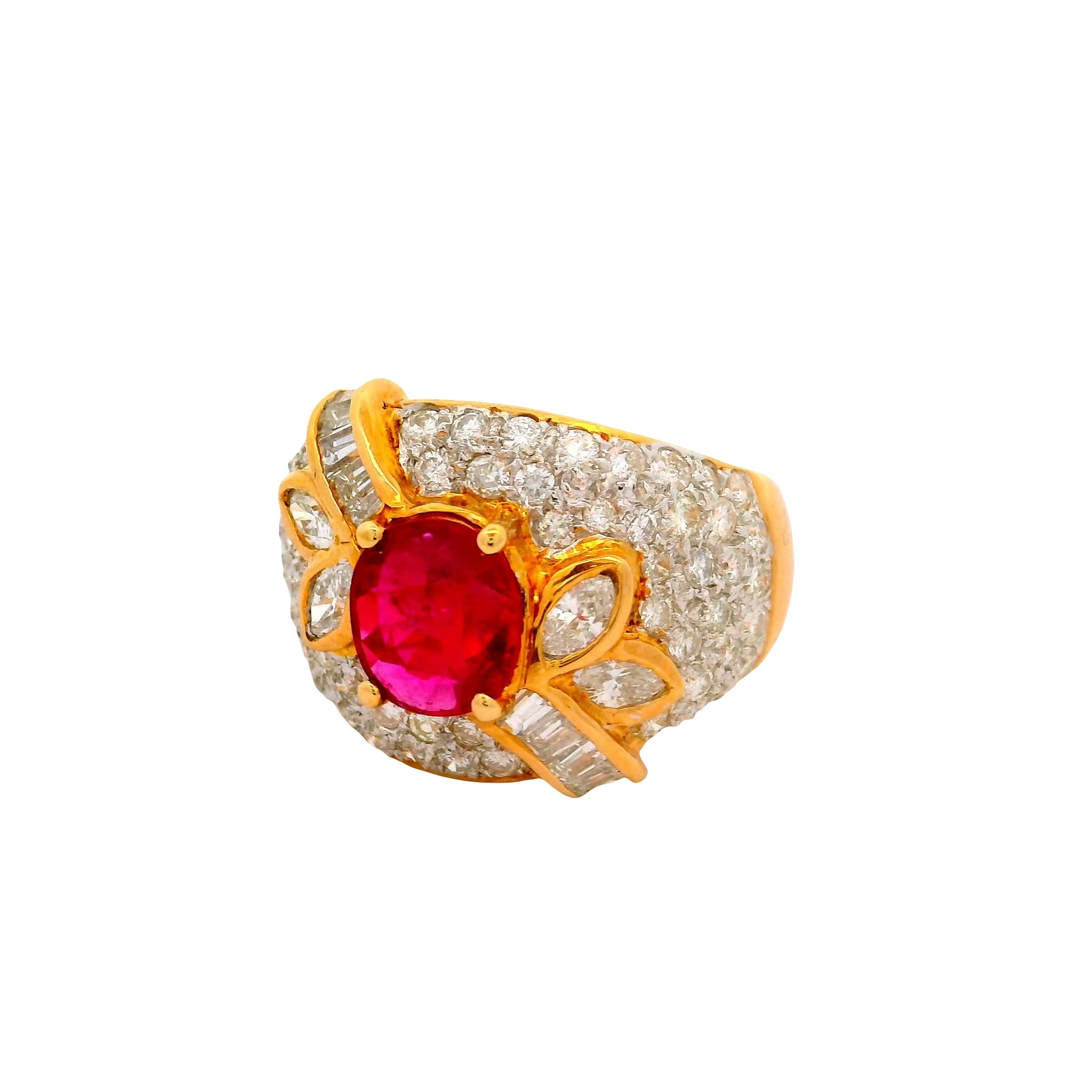 1.39 Carat Ruby Diamond Pave 18K Yellow Gold Ring