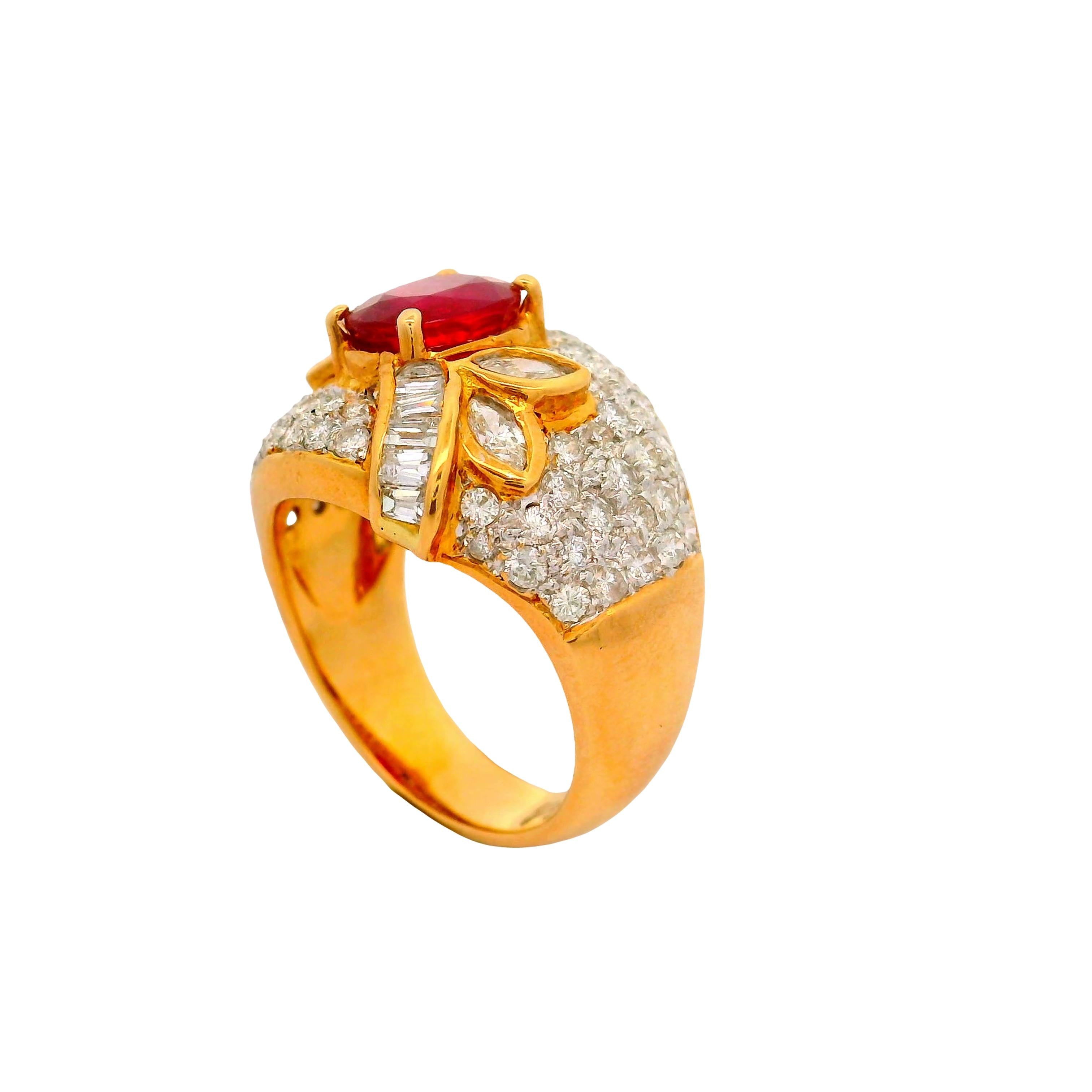 1.39 Carat Ruby Diamond Pave 18K Yellow Gold Ring