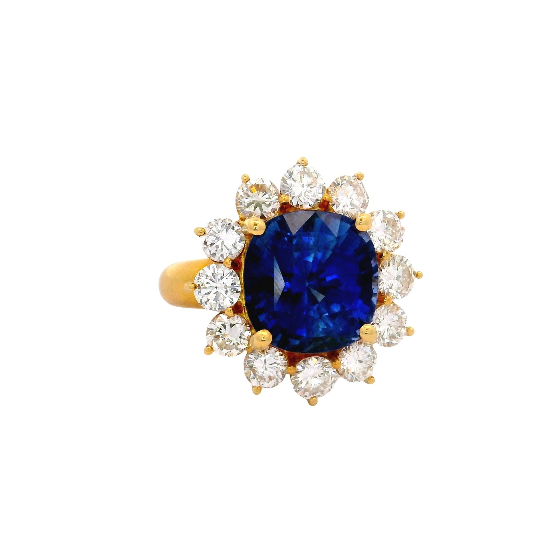 7.11 Carat Blue Sapphire Diamond 18K Yellow Gold Halo Ring, GIA Certified