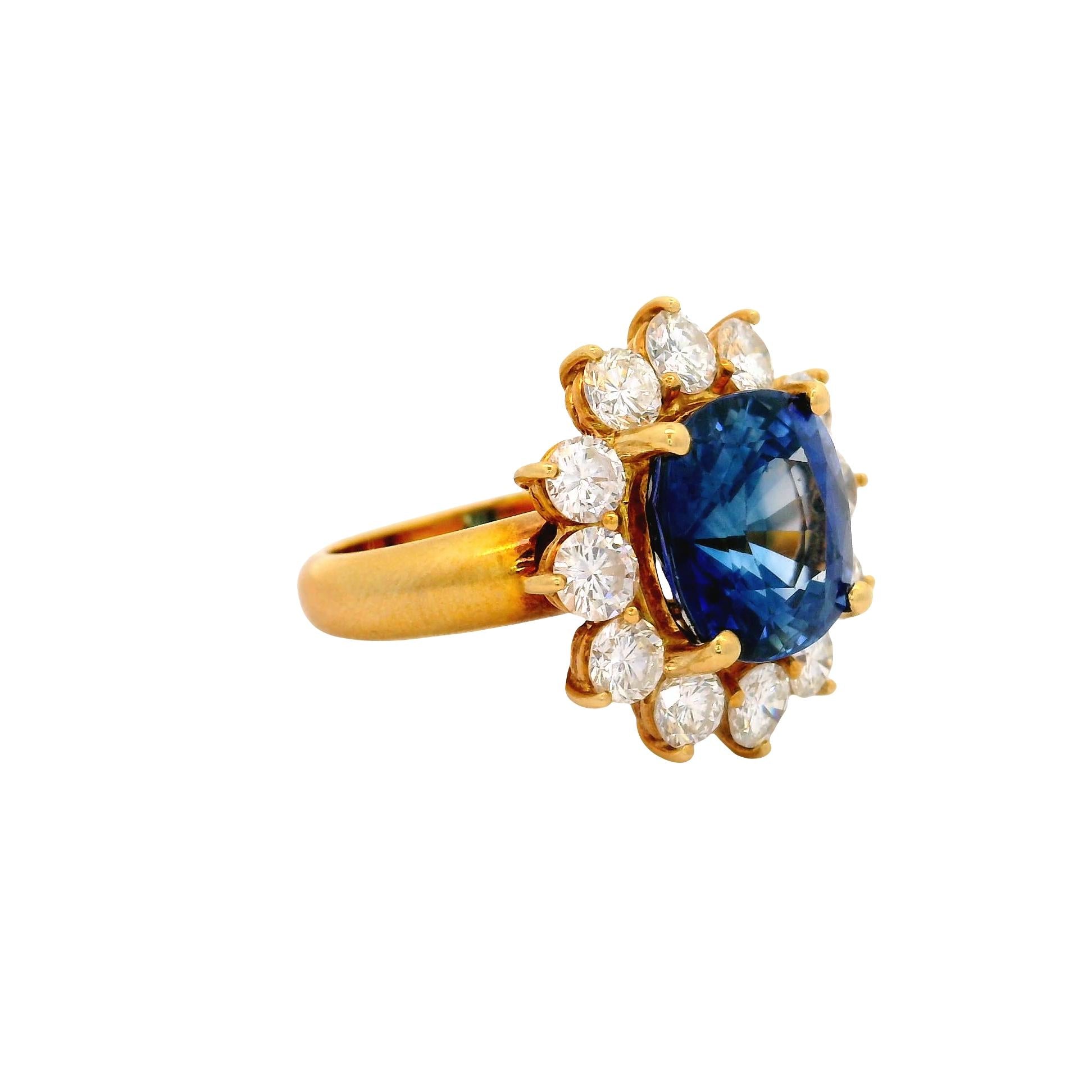 7.11 Carat Blue Sapphire Diamond 18K Yellow Gold Halo Ring, GIA Certified