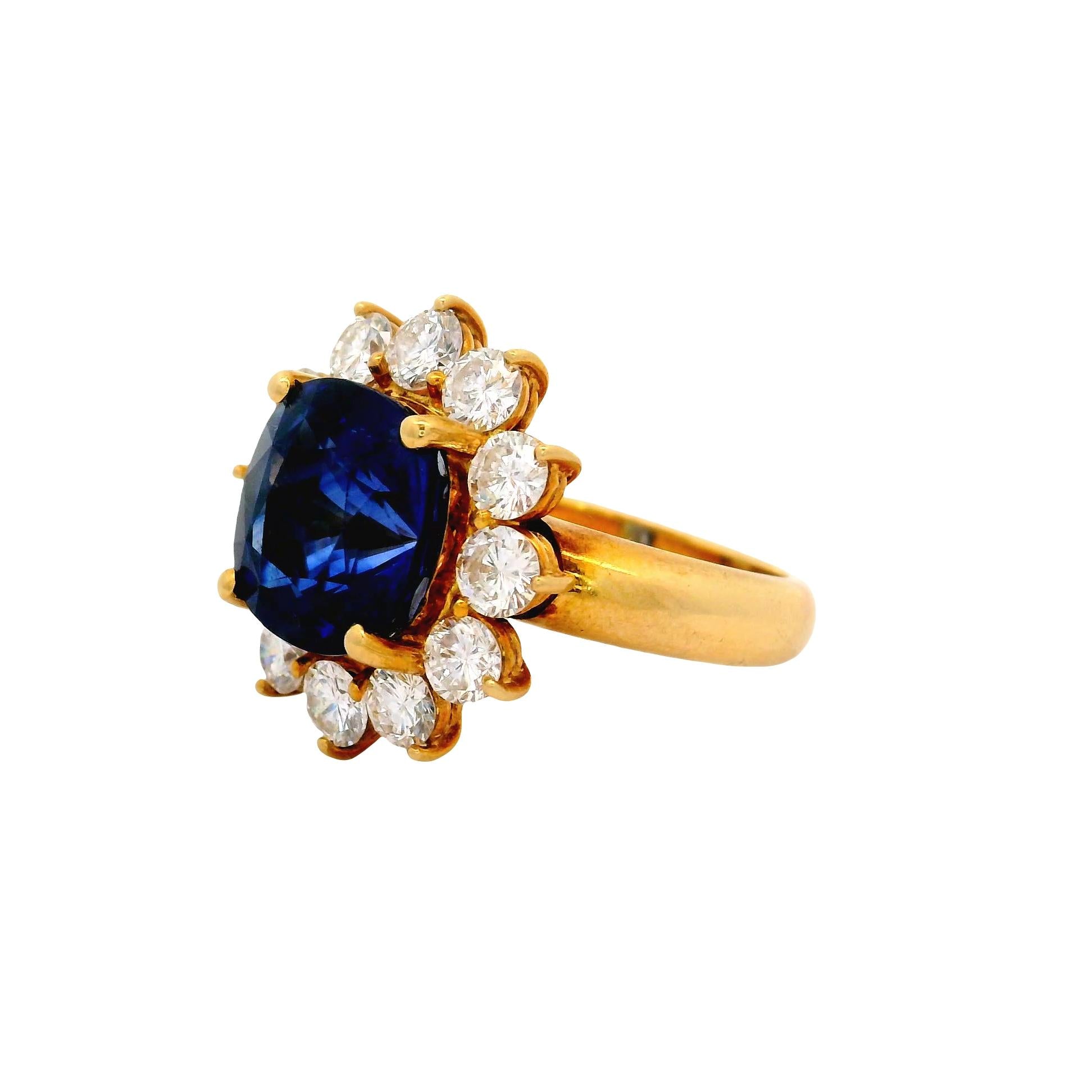 7.11 Carat Blue Sapphire Diamond 18K Yellow Gold Halo Ring, GIA Certified