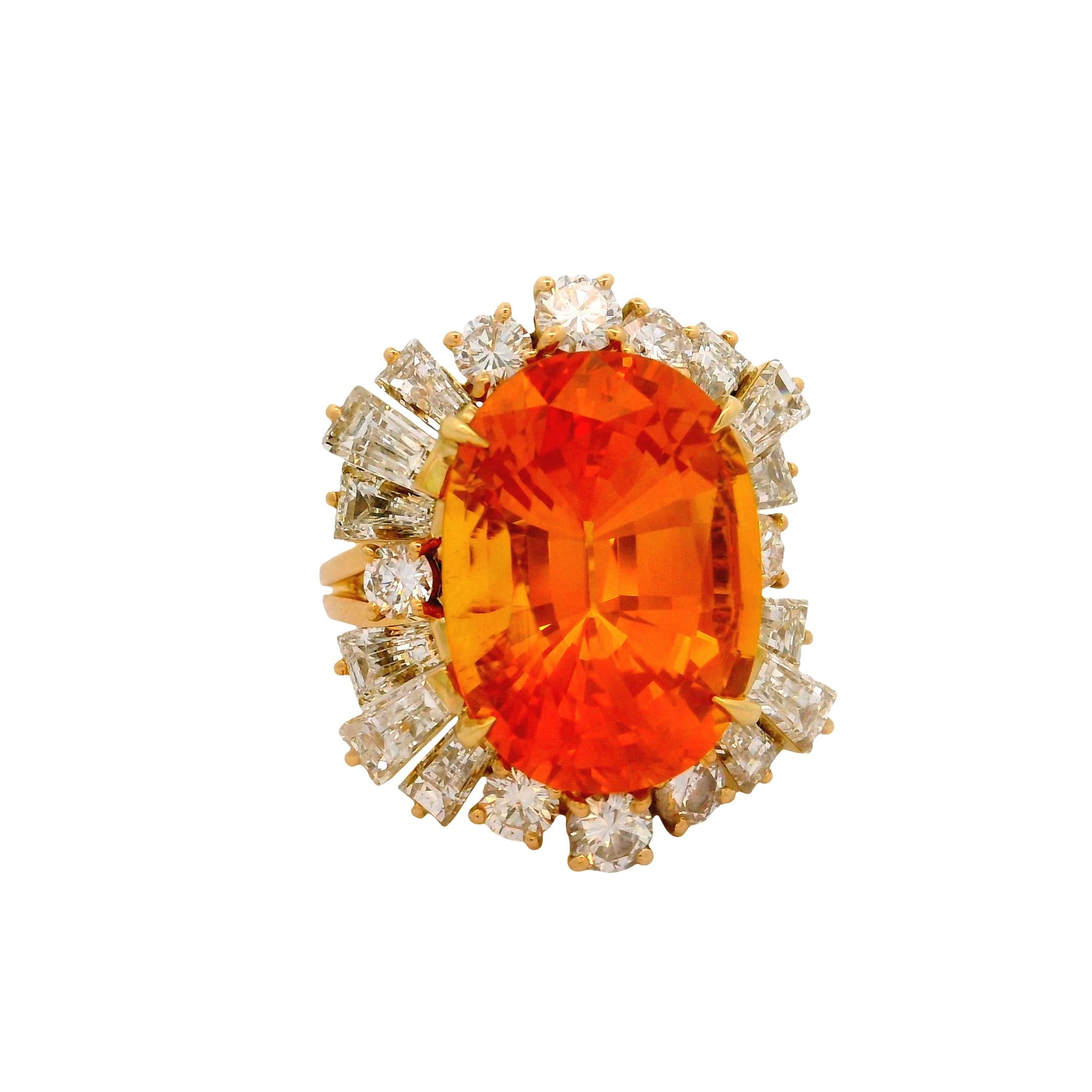 Fred Paris 17.37 Carat Orange Sapphire Diamond 18K Yellow Gold Ring, GIA Cert