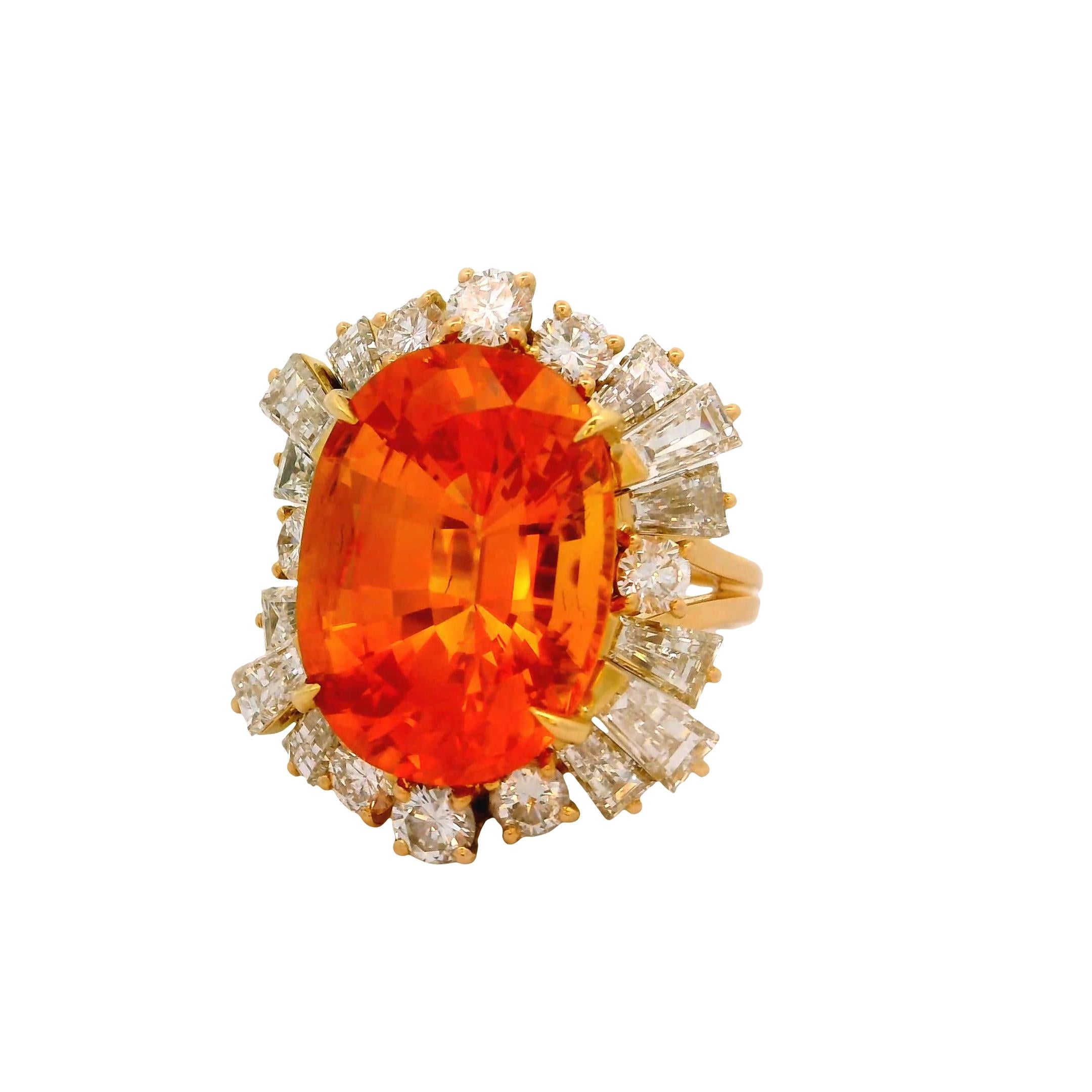 Fred Paris 17.37 Carat Orange Sapphire Diamond 18K Yellow Gold Ring, GIA Cert
