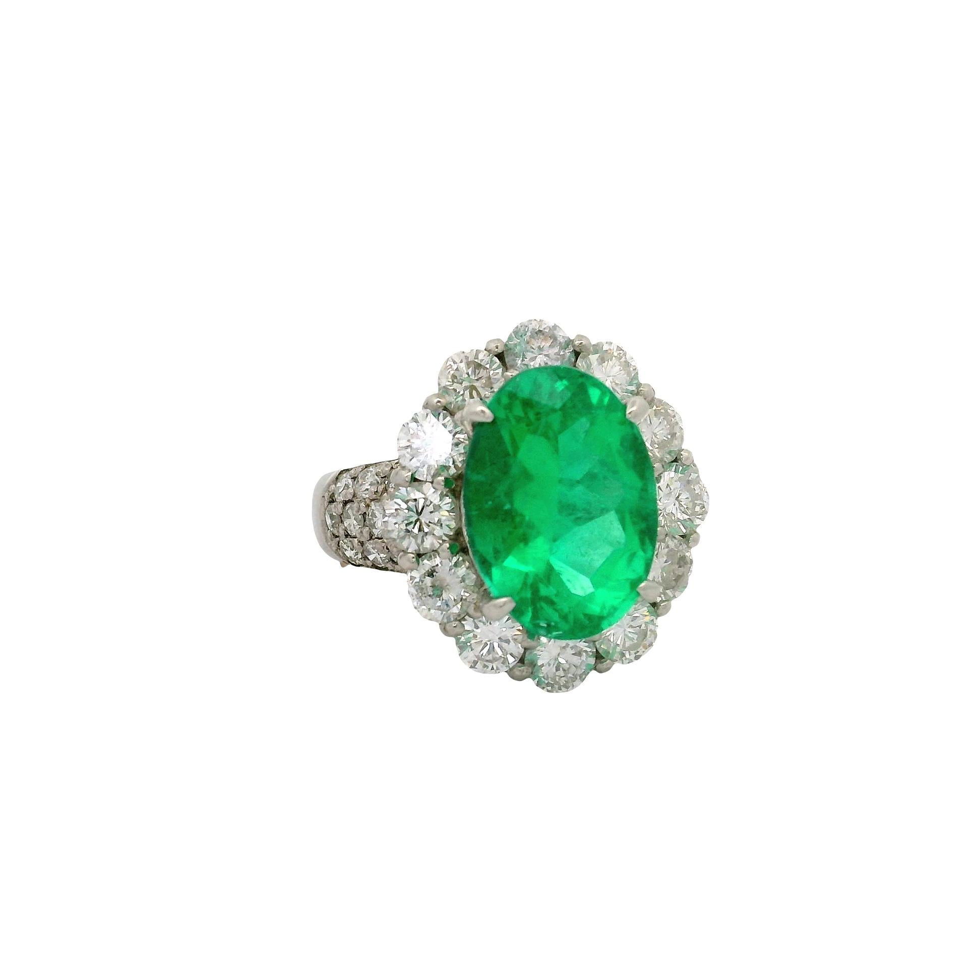 4.32 Carat Colombian Emerald Diamond Platinum Halo Ring, GRS Certified