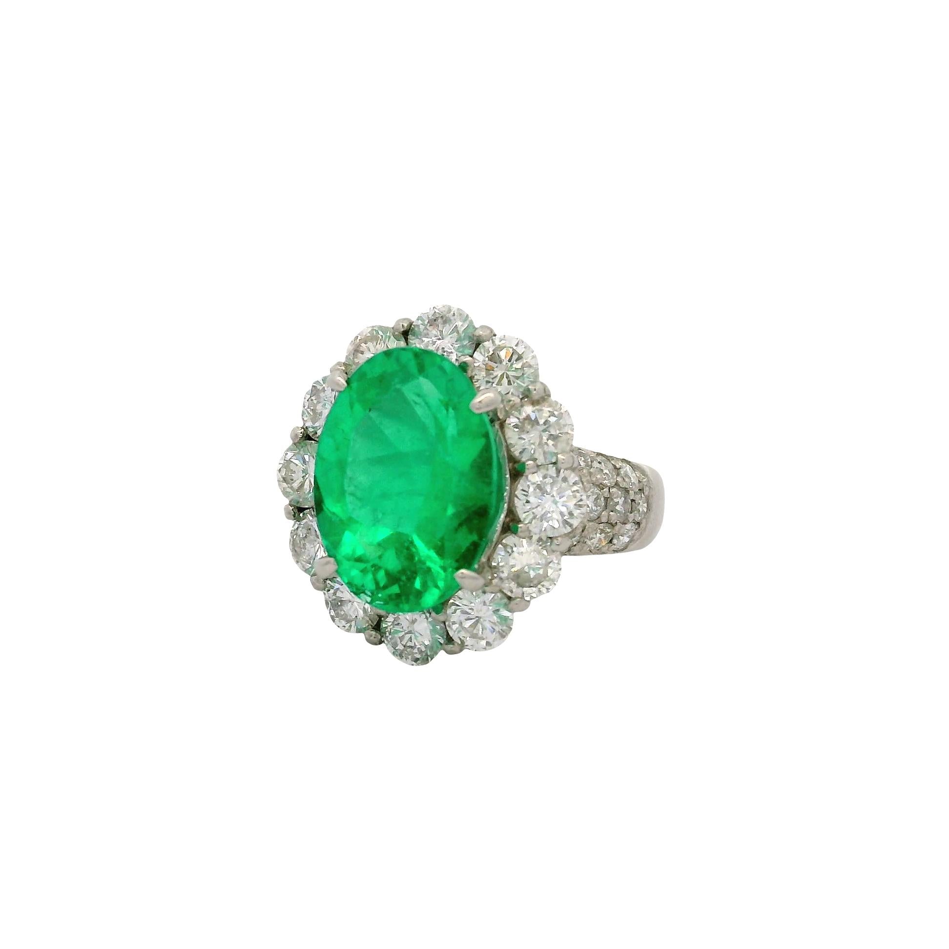 4.32 Carat Colombian Emerald Diamond Platinum Halo Ring, GRS Certified