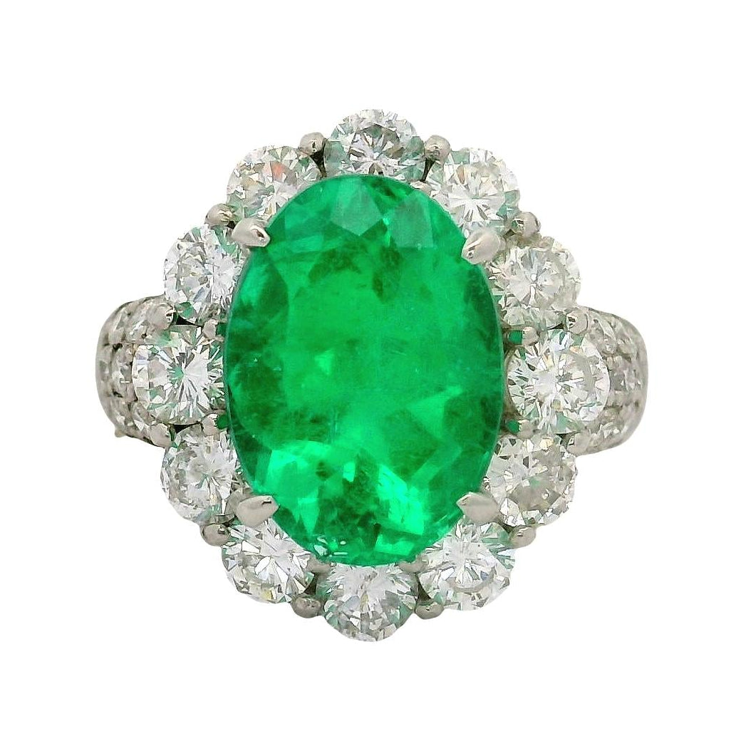 4.32 Carat Colombian Emerald Diamond Platinum Halo Ring, GRS Certified