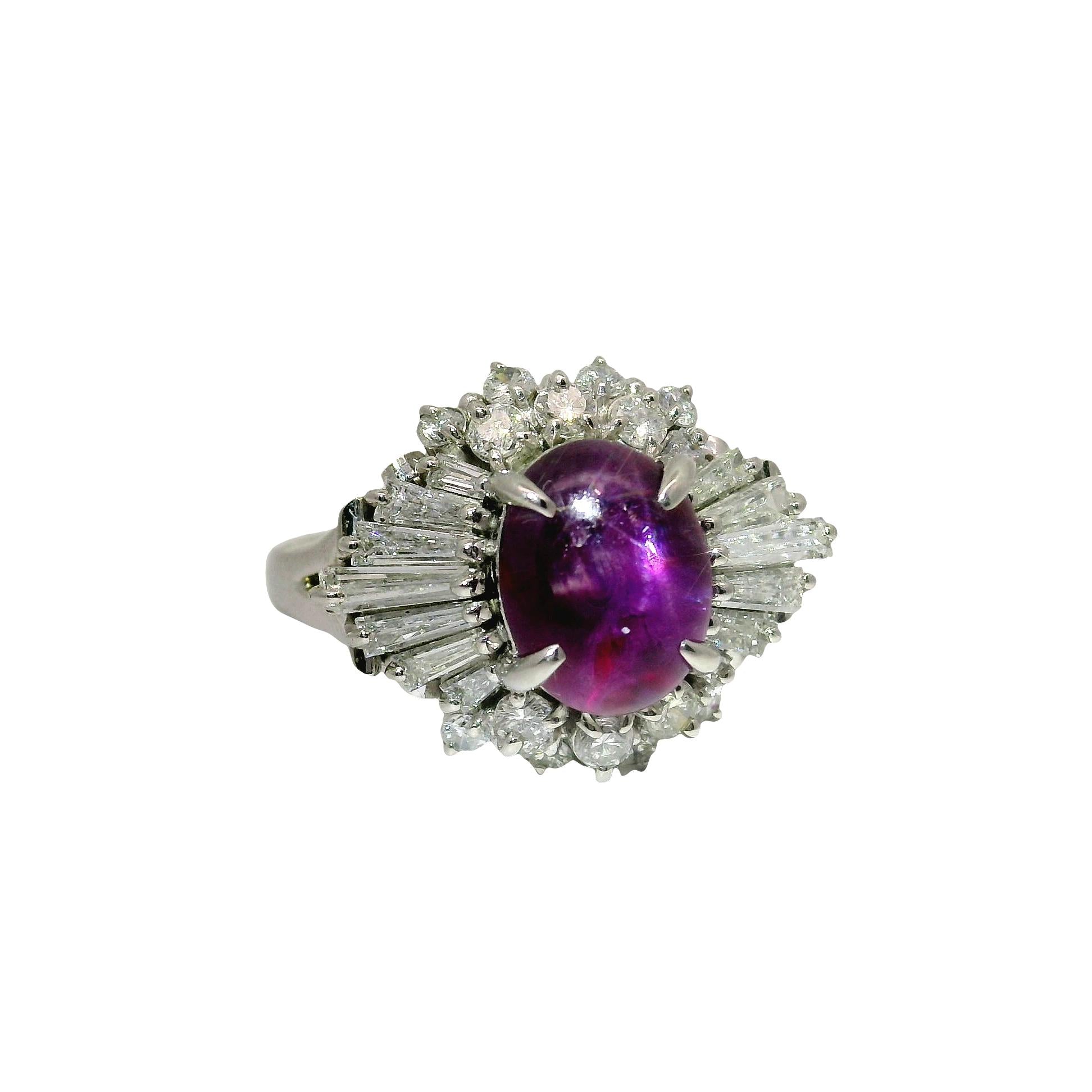 3.93 Carat Purple Star Sapphire Diamond Platinum Burst Ring