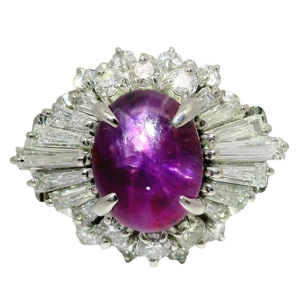 3.93 Carat Purple Star Sapphire Diamond Platinum Burst Ring