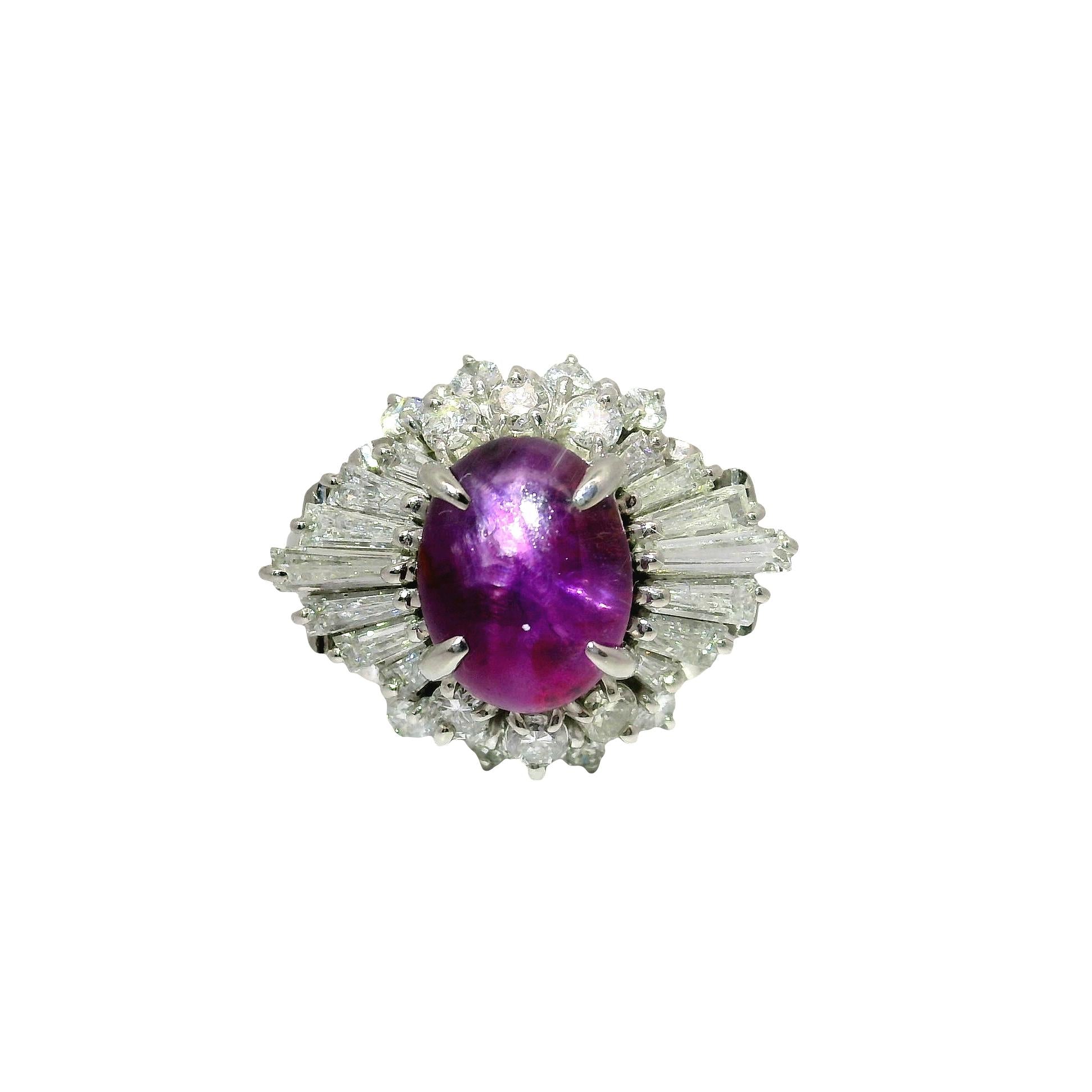 3.93 Carat Purple Star Sapphire Diamond Platinum Burst Ring