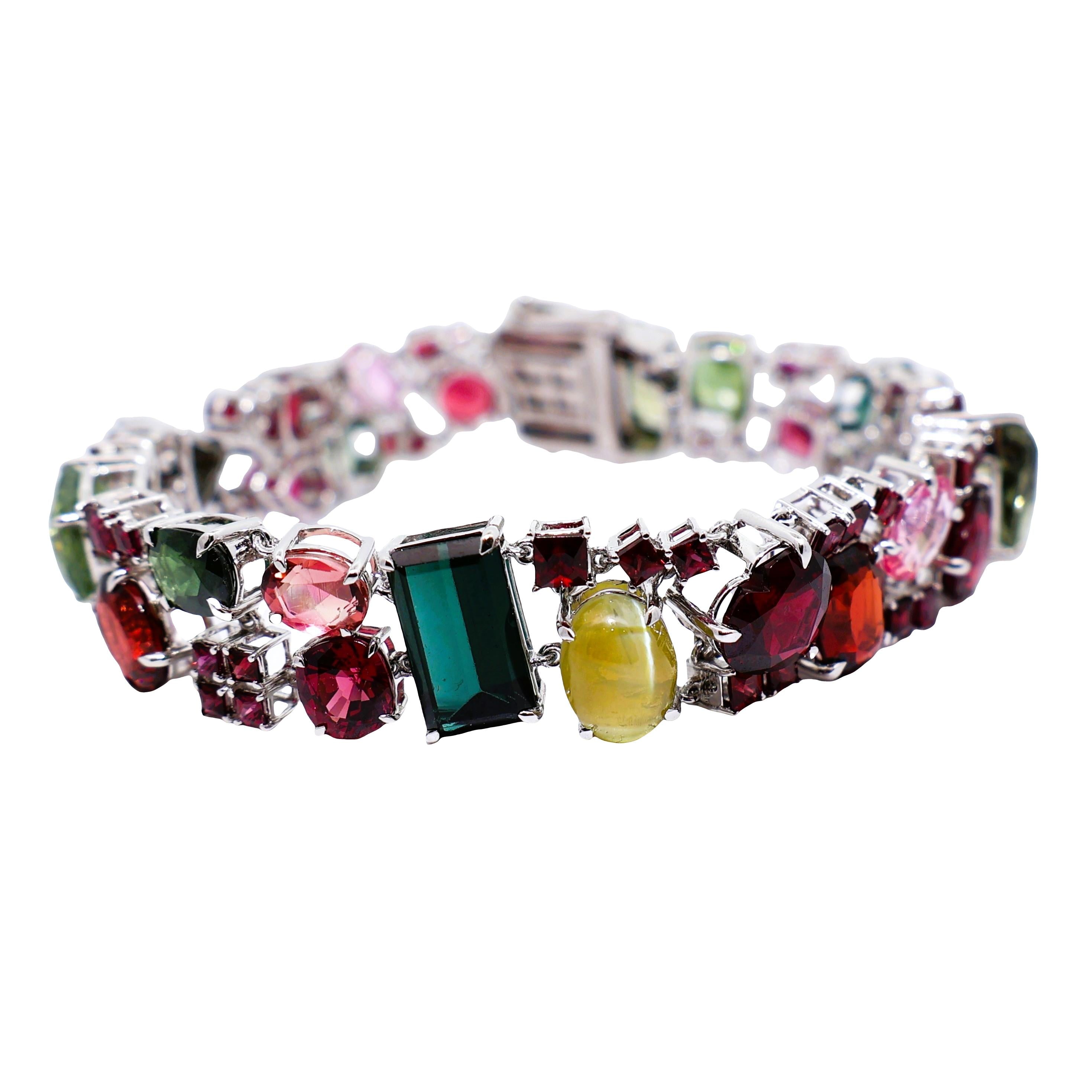 Multi-Colored Gemstones 14K White Gold Cluster Eternity Bracelet
