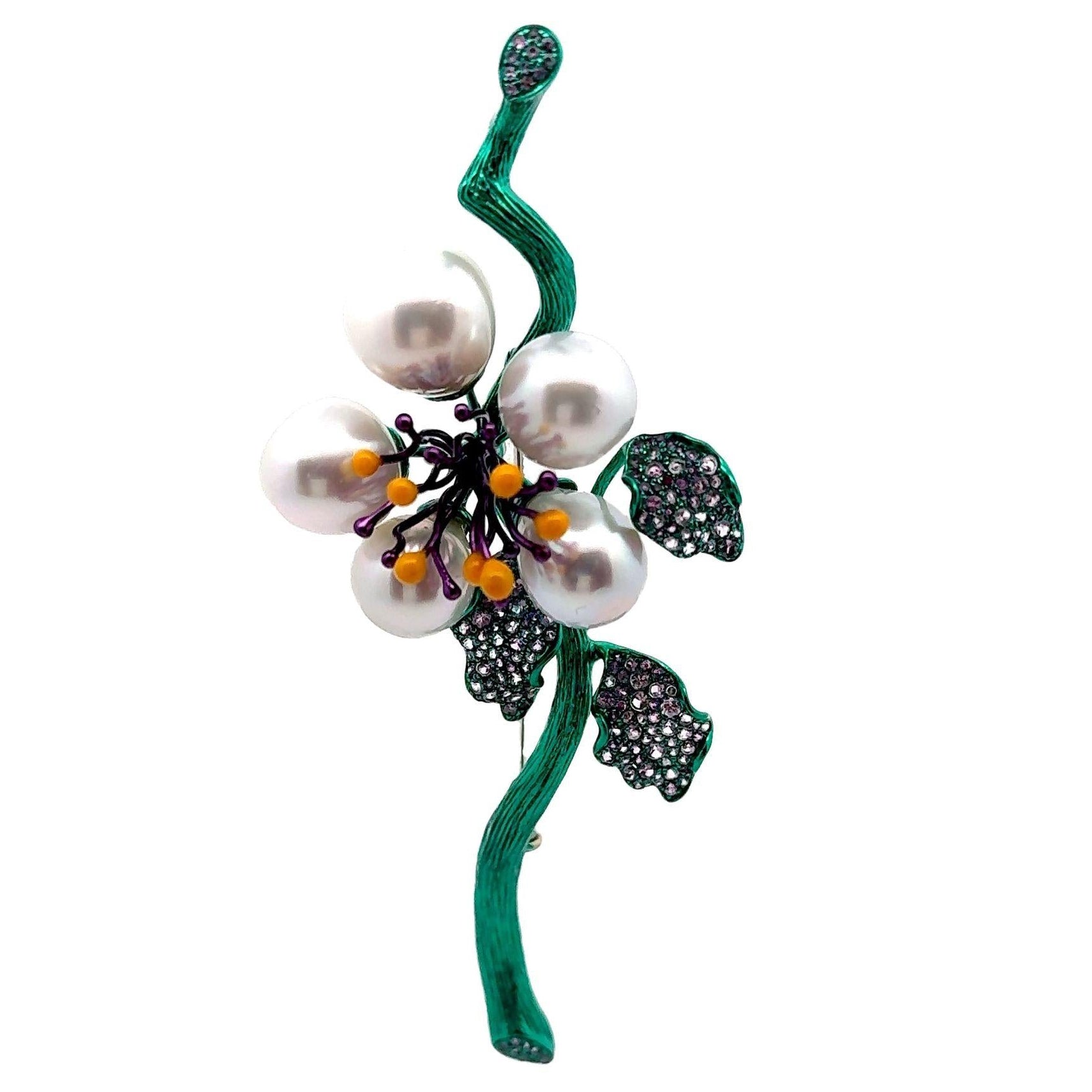 South Sea Pearl Sapphire 18k Gold & Green-Rhodium Floral Brooch