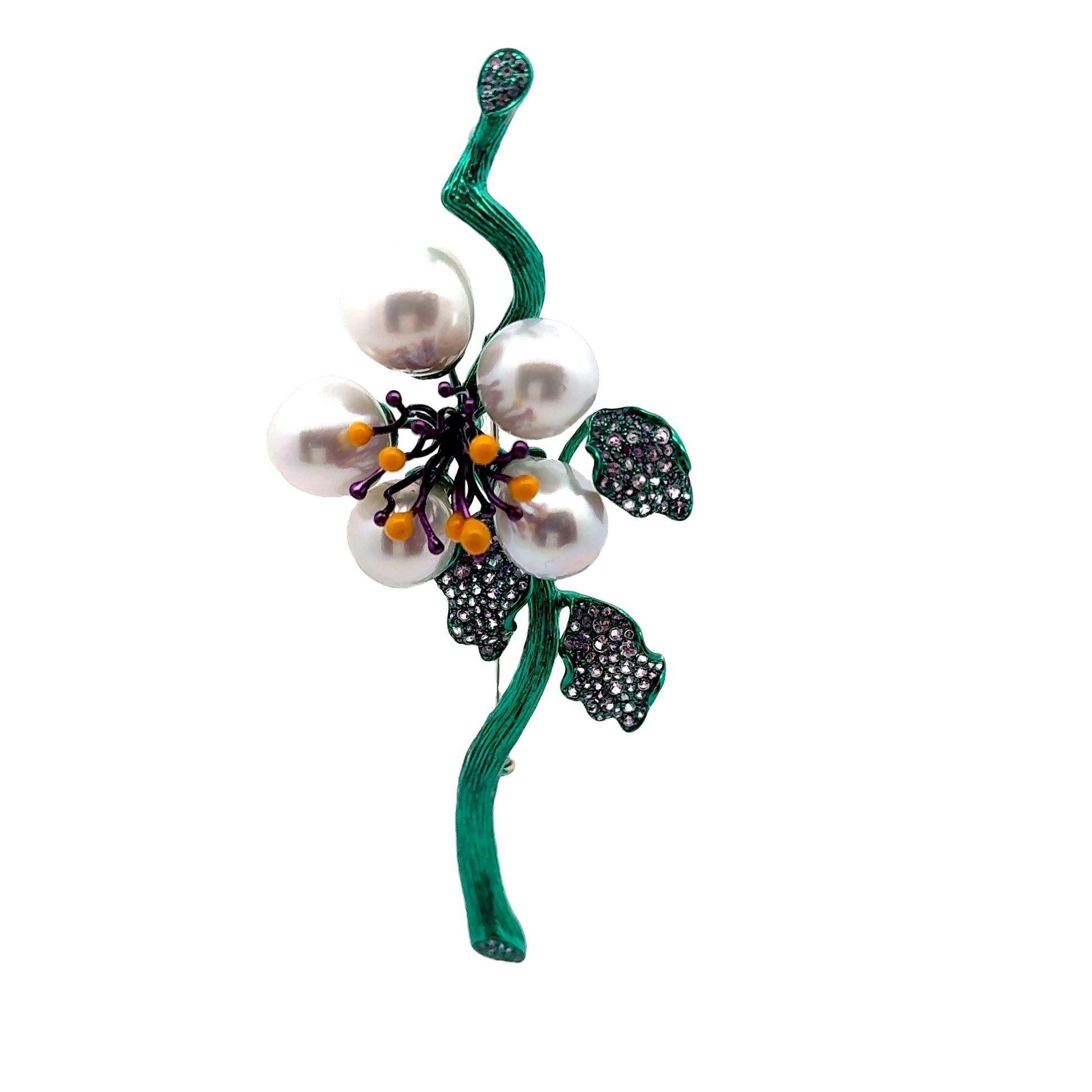 South Sea Pearl Sapphire 18k Gold & Green-Rhodium Floral Brooch