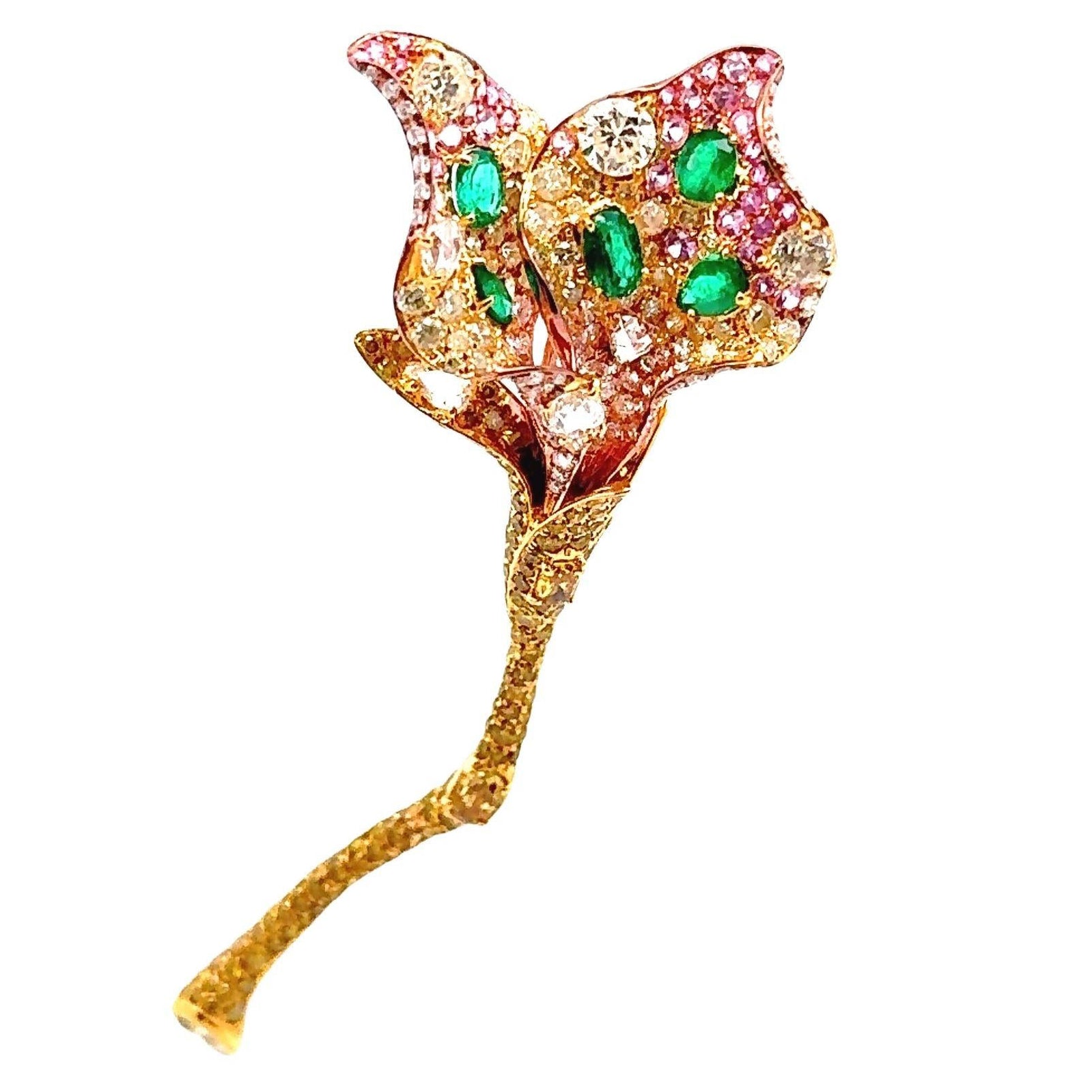 Diamond Emerald Sapphire 18K Yellow Gold Flower Brooch