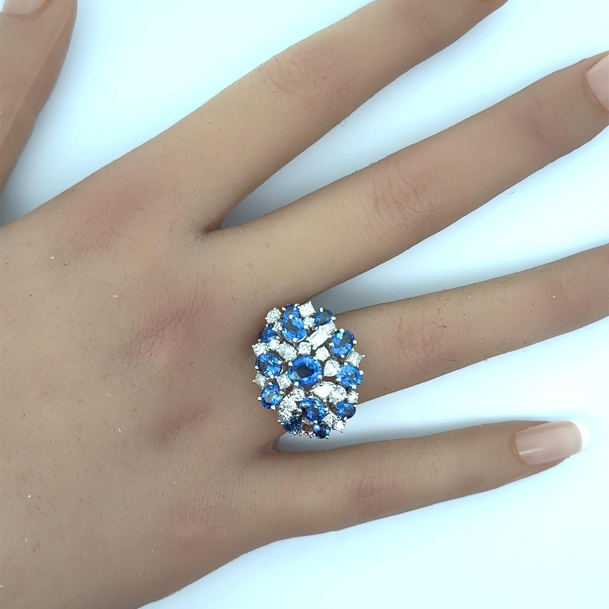 Blue Sapphire Diamond 18k White Gold Cluster Ring