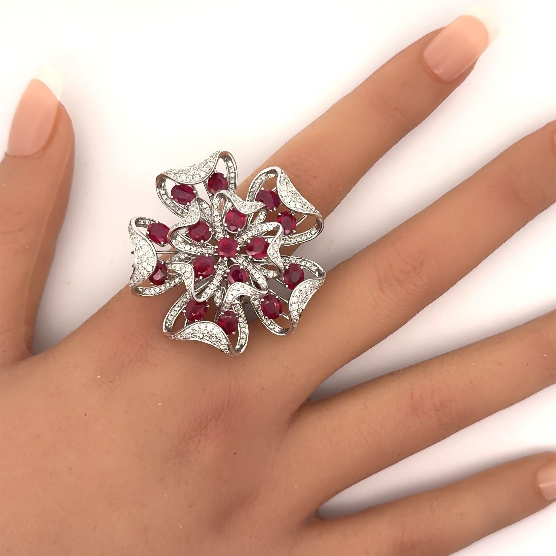 Large Ruby Diamond 18k White Gold Floral Cocktail Ring