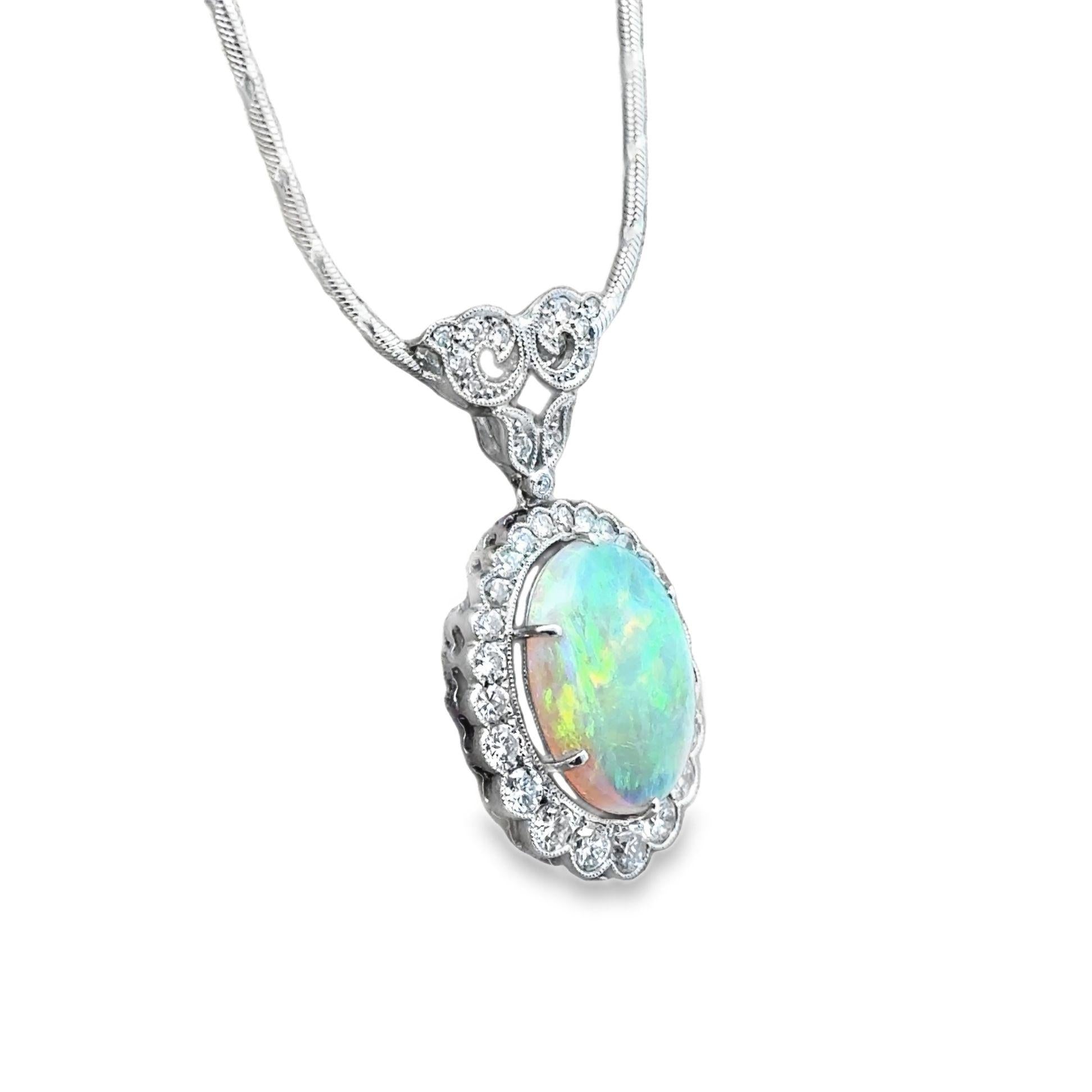 Australian Crystal Opal Diamond Platinum Pendant, Art-Deco Style