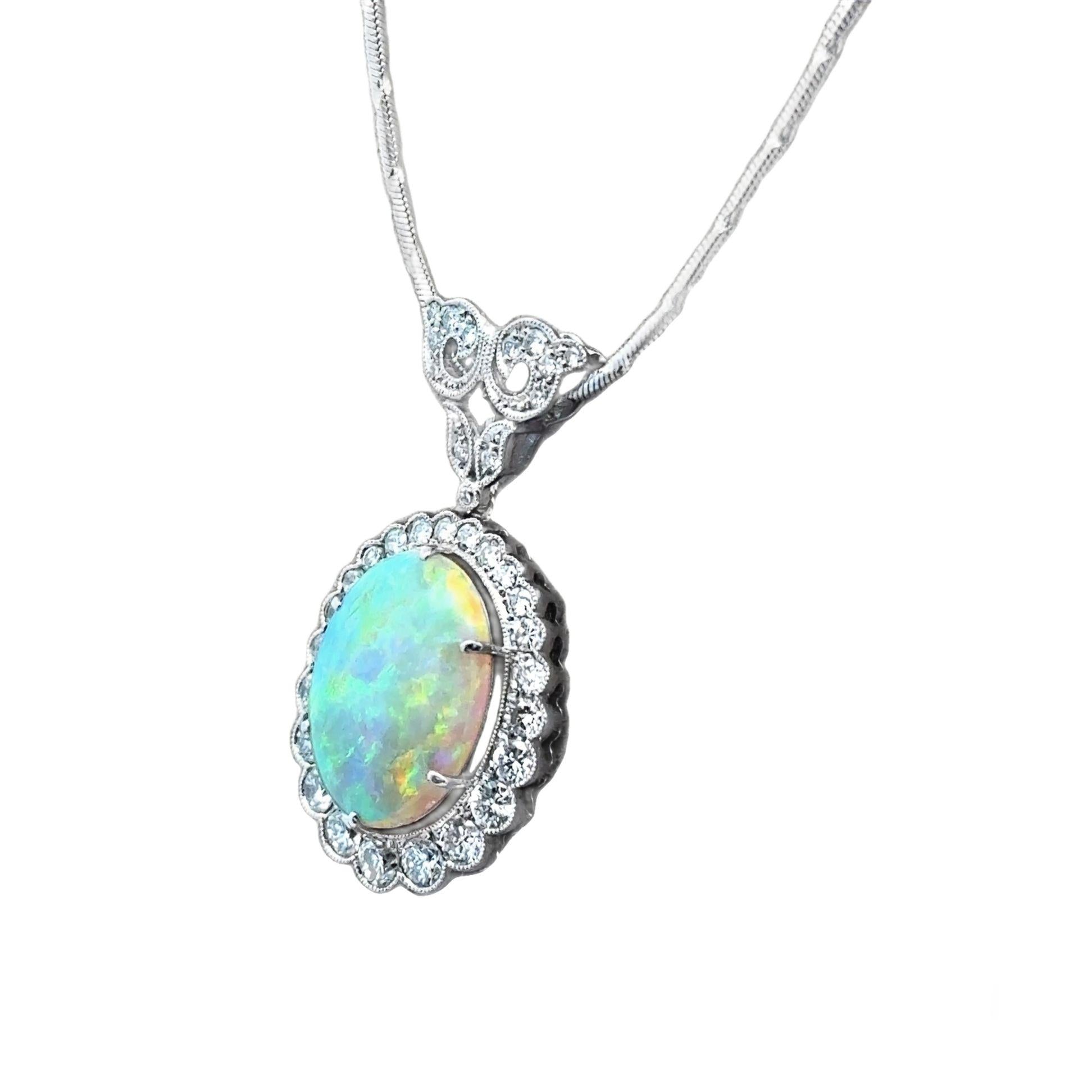 Australian Crystal Opal Diamond Platinum Pendant, Art-Deco Style