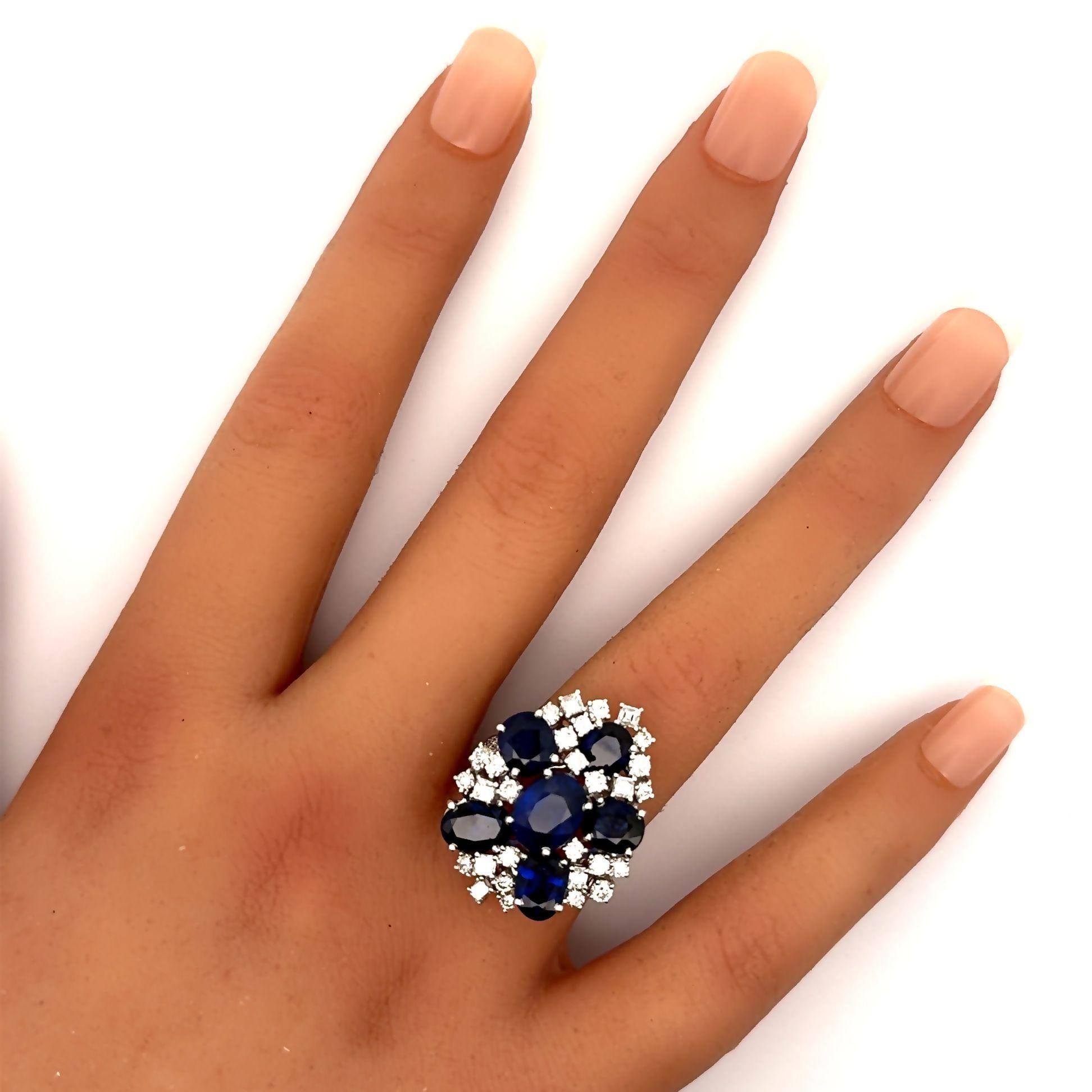 Blue Sapphire Diamond 18k White Gold Cluster Ring