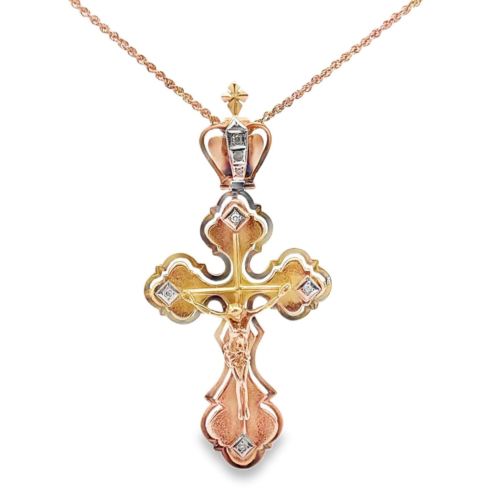 Russian 14k Yellow Gold Diamond Jesus-on-Cross Pendant Necklace, Circa 1950’s