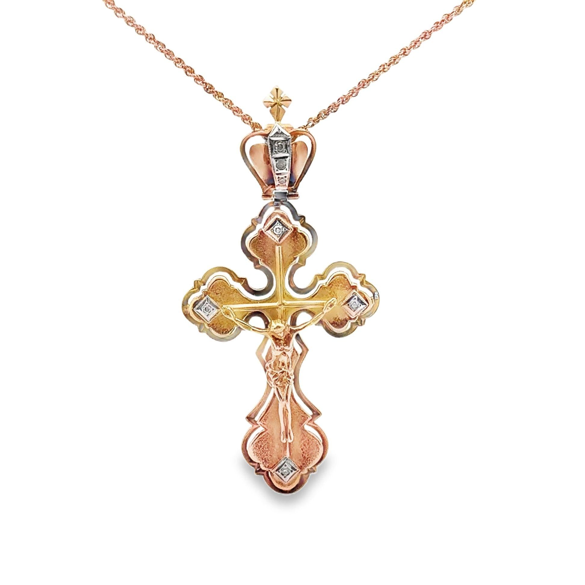 Russian 14k Yellow Gold Diamond Jesus-on-Cross Pendant Necklace, Circa 1950’s