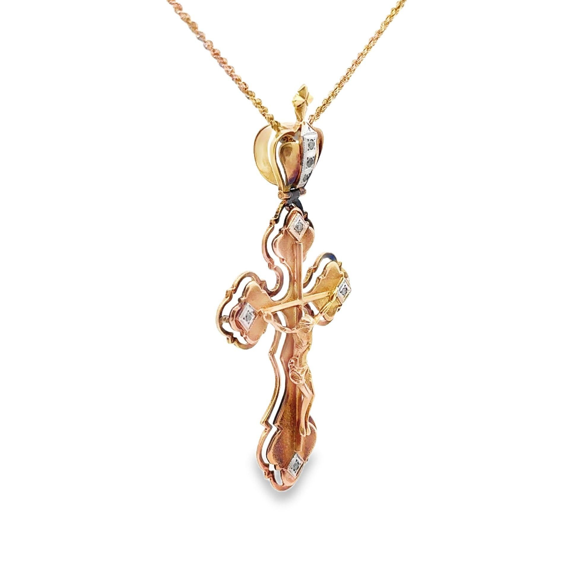 Russian 14k Yellow Gold Diamond Jesus-on-Cross Pendant Necklace, Circa 1950’s