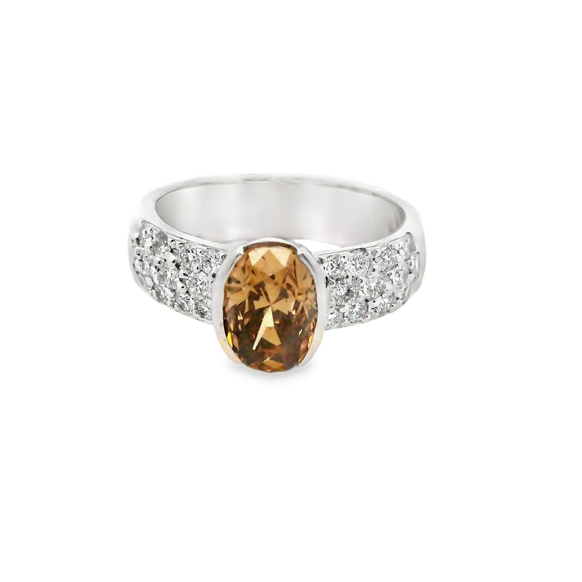 1.63 Carat Fancy Cognac Oval Diamond Platinum Ring