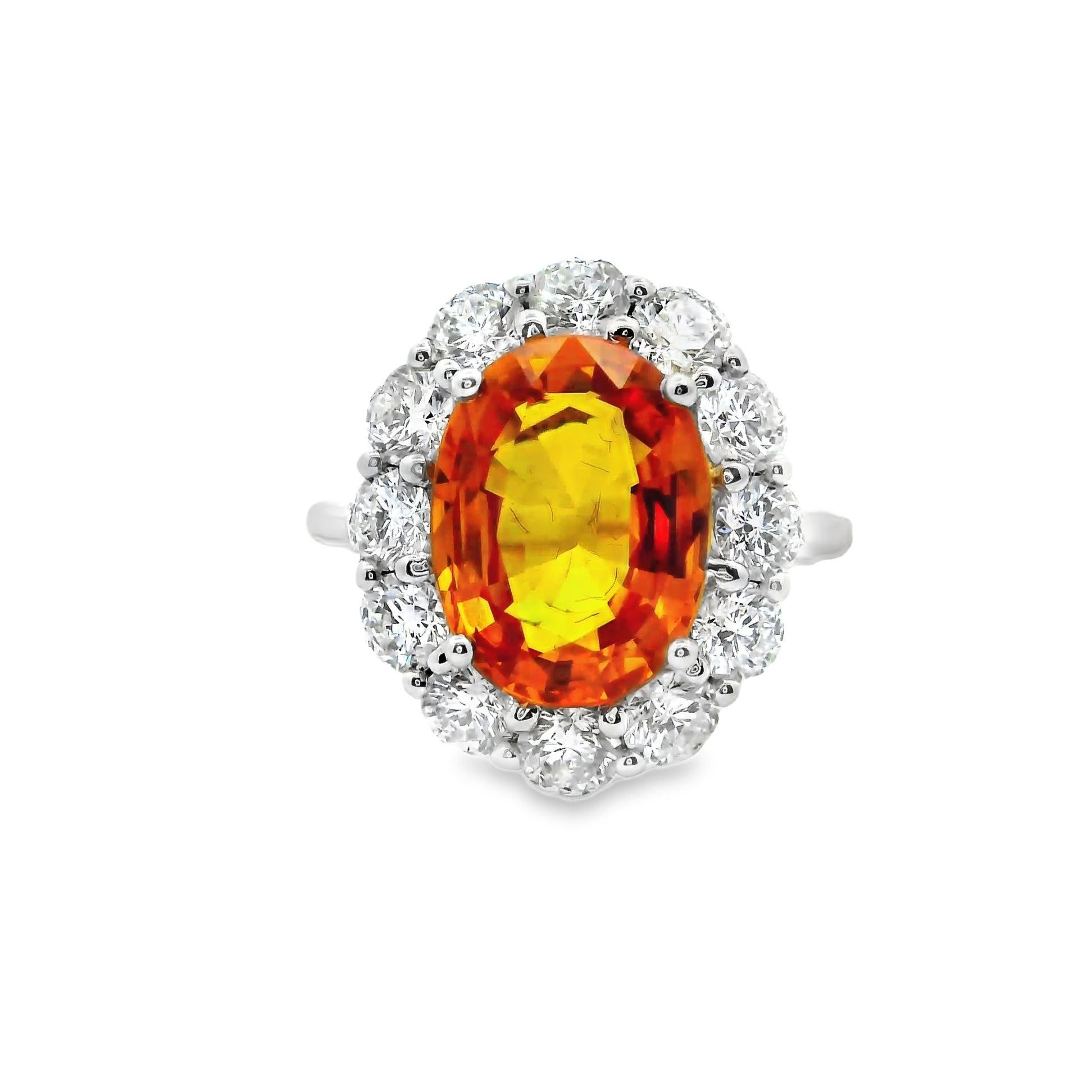 4.21 Carat Orange Sapphire Diamond Halo 18k White Gold Ring