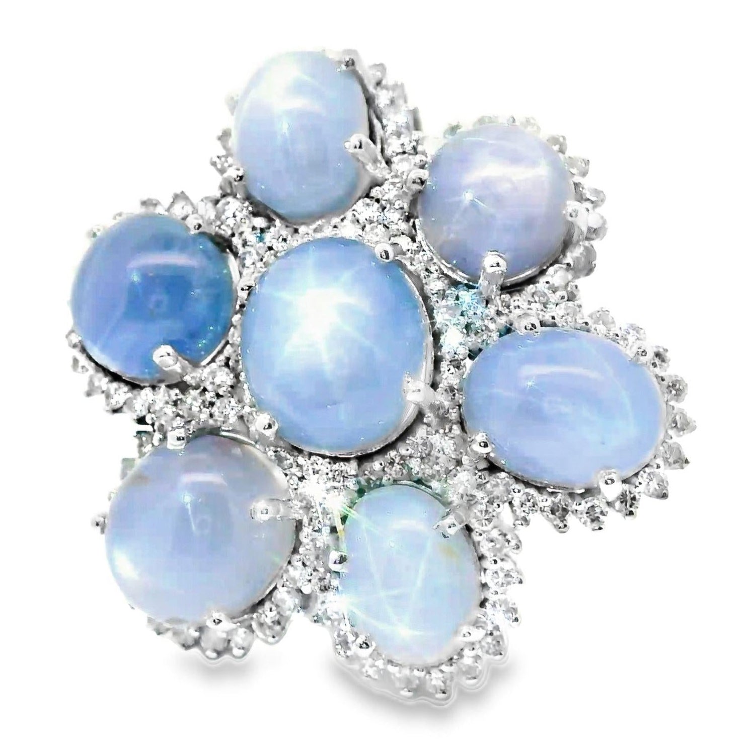 Star Sapphire Diamond Cluster 18k White Gold Cocktail Ring