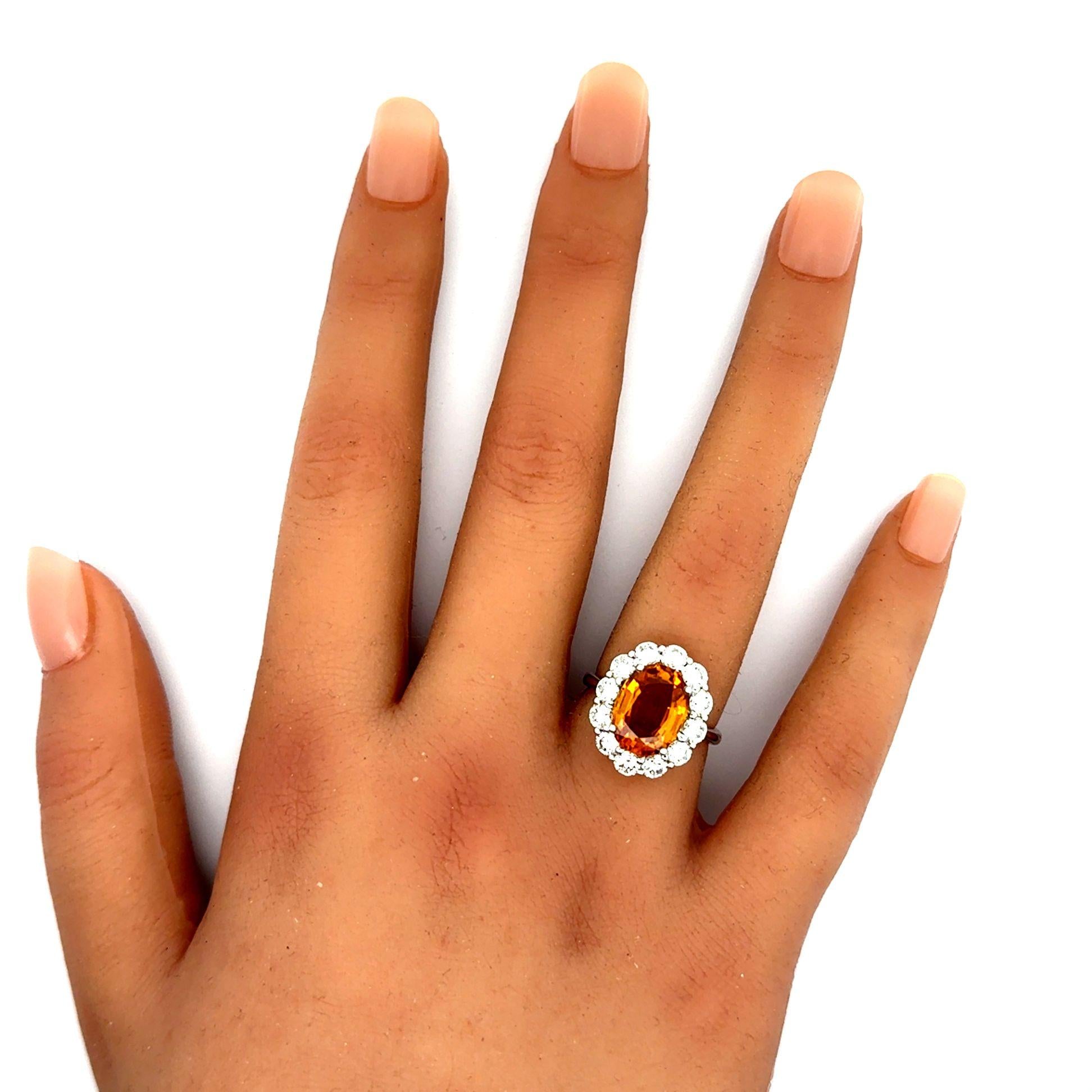 4.21 Carat Orange Sapphire Diamond Halo 18k White Gold Ring