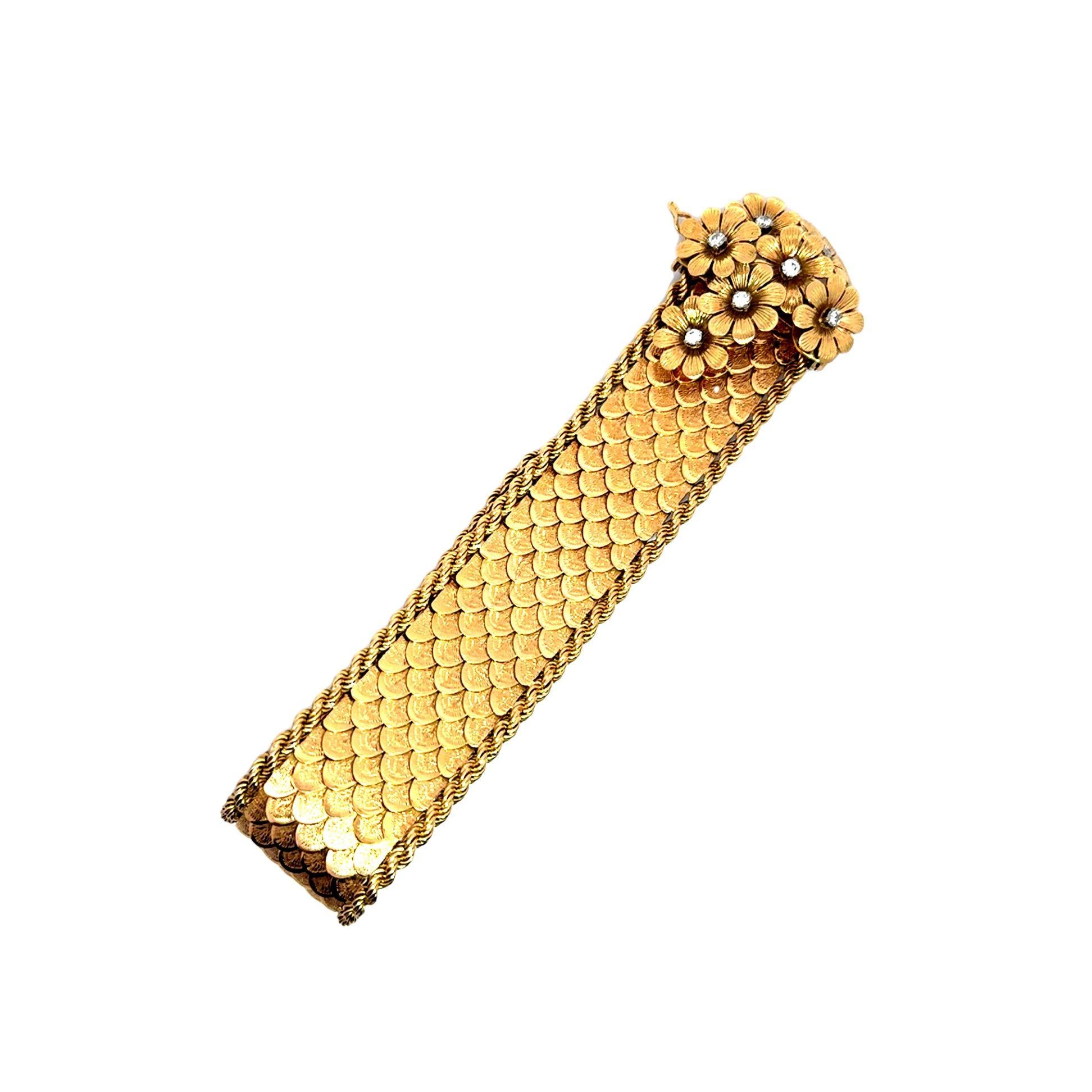 Mid-Century French Diamond Flower 18k Gold Bracelet