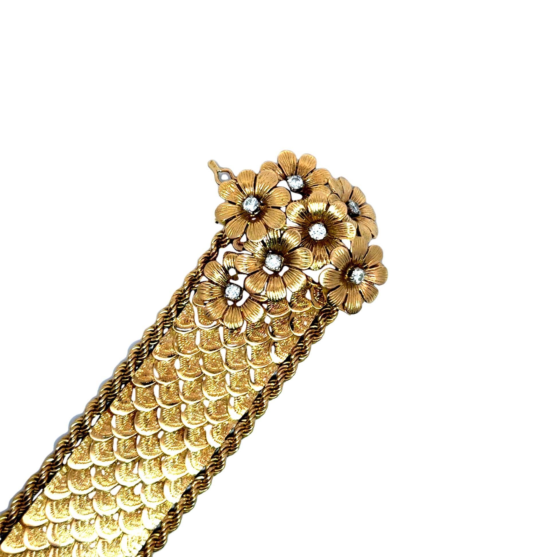 Mid-Century French Diamond Flower 18k Gold Bracelet