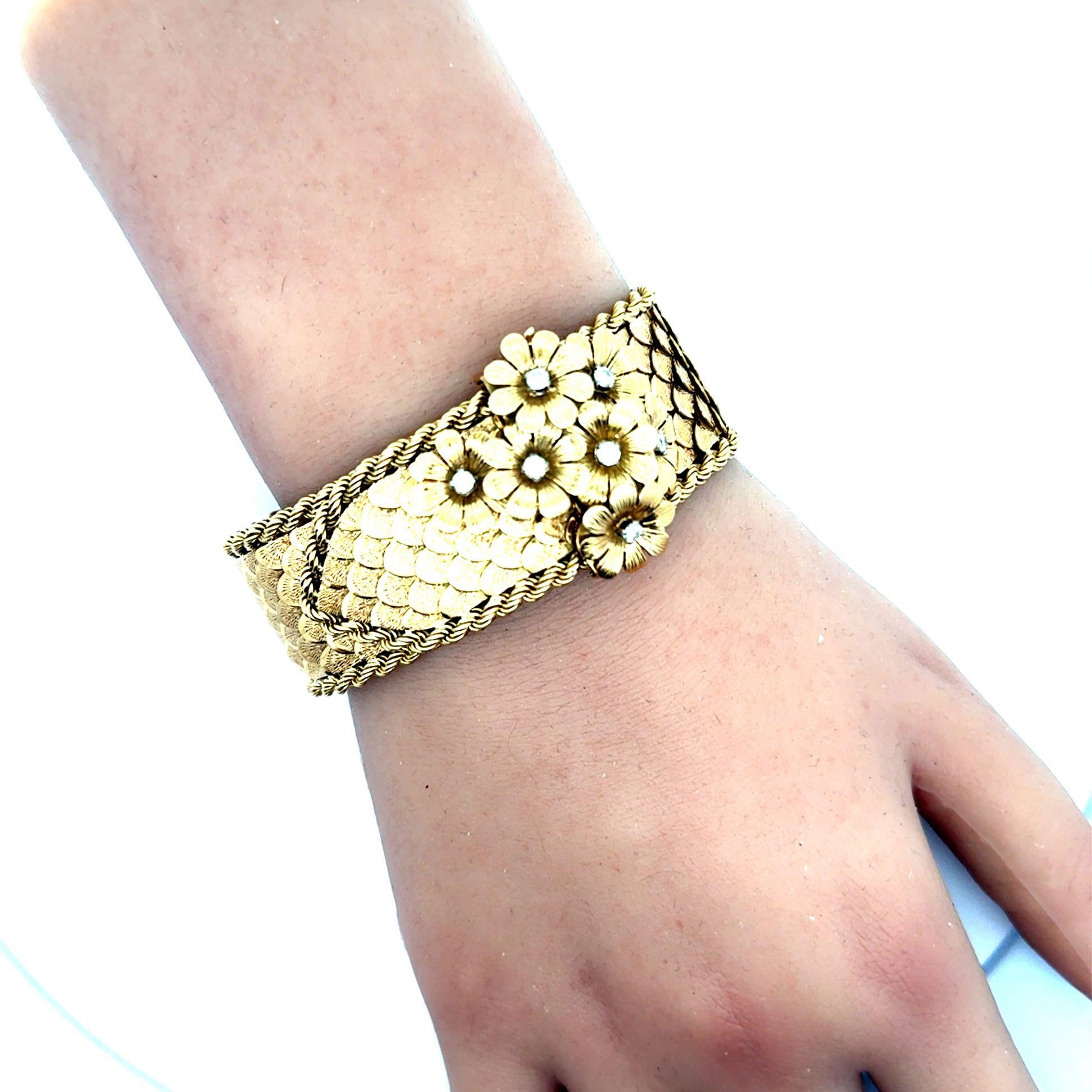 Mid-Century French Diamond Flower 18k Gold Bracelet