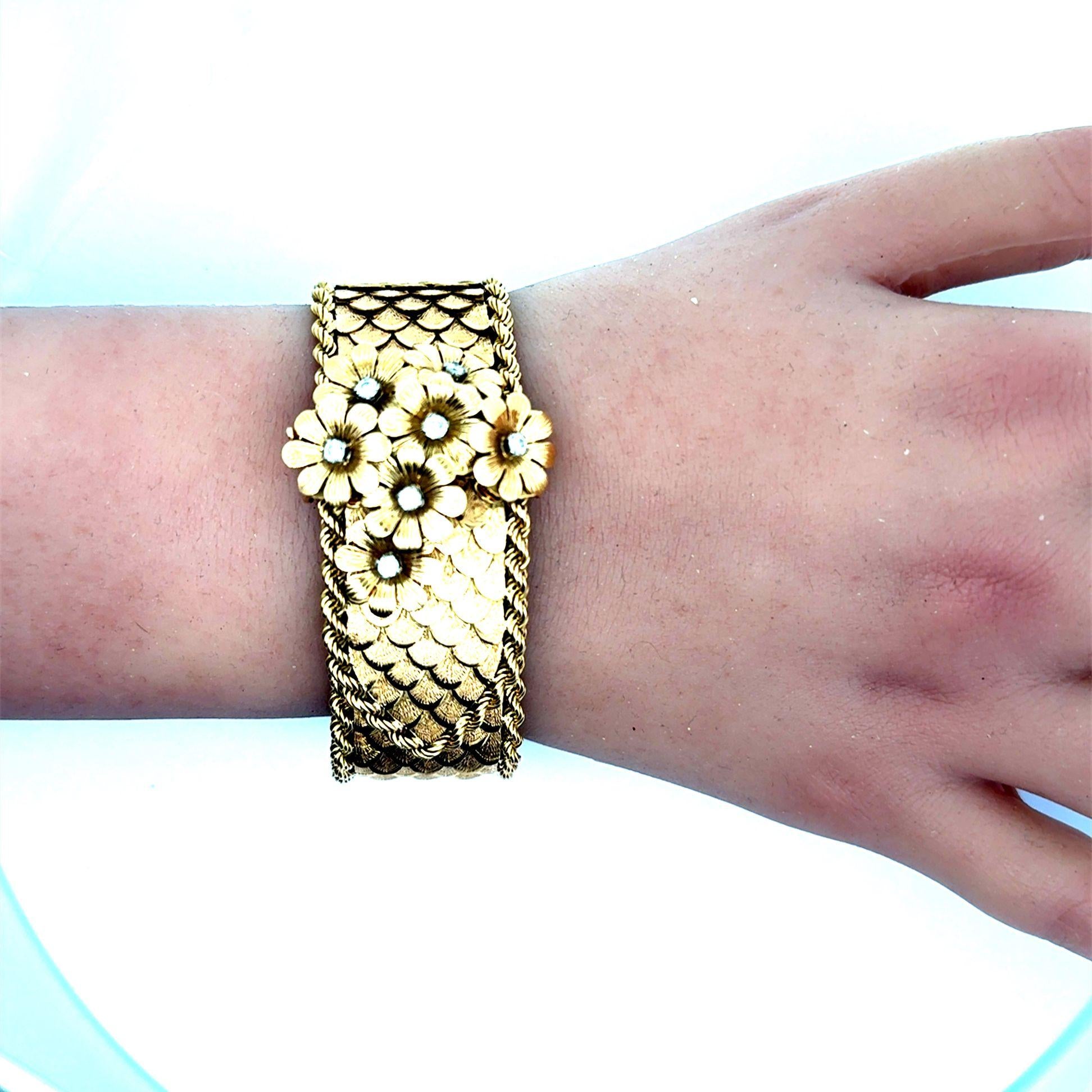 Mid-Century French Diamond Flower 18k Gold Bracelet