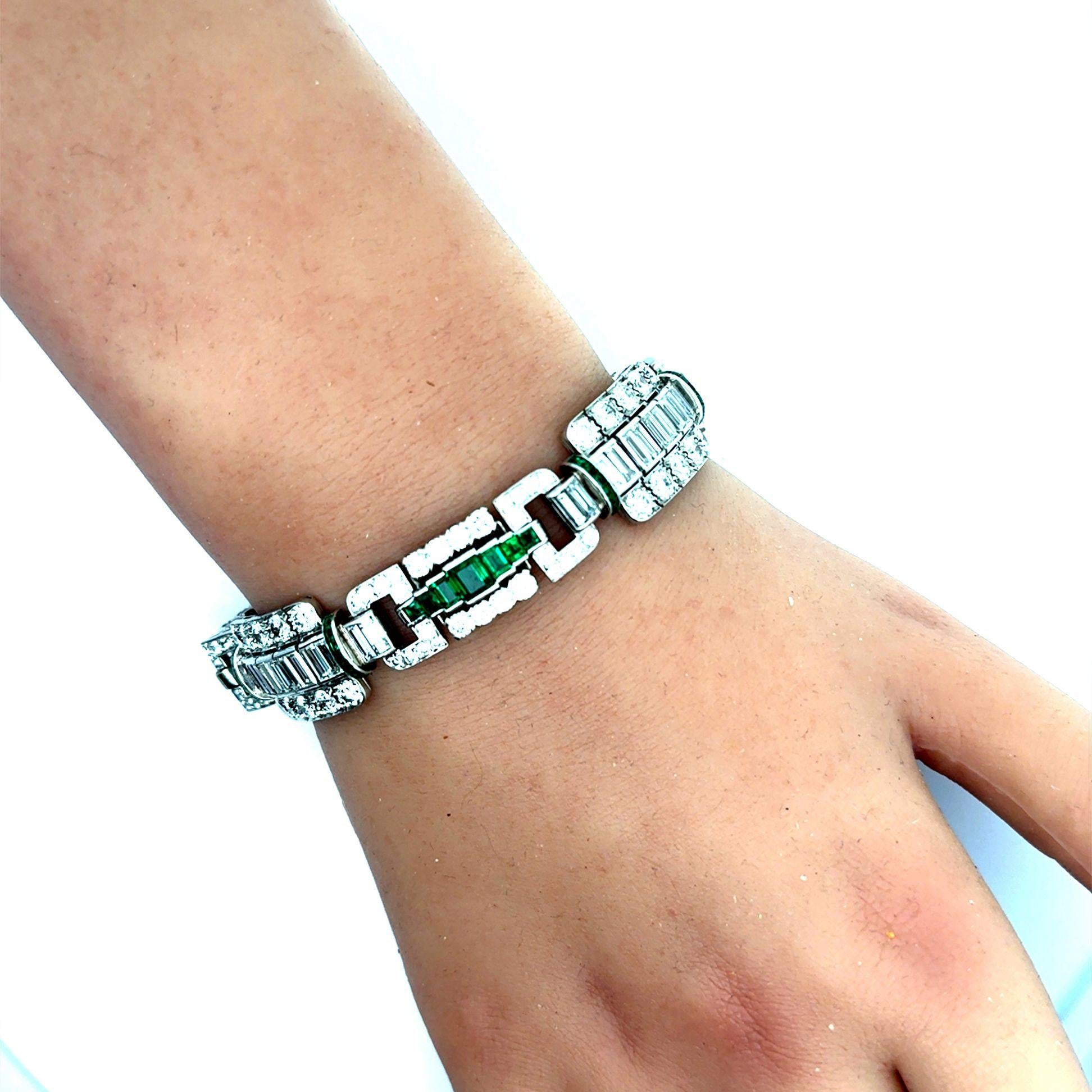 Art Deco Diamond Emerald Platinum Bracelet, Circa 1927