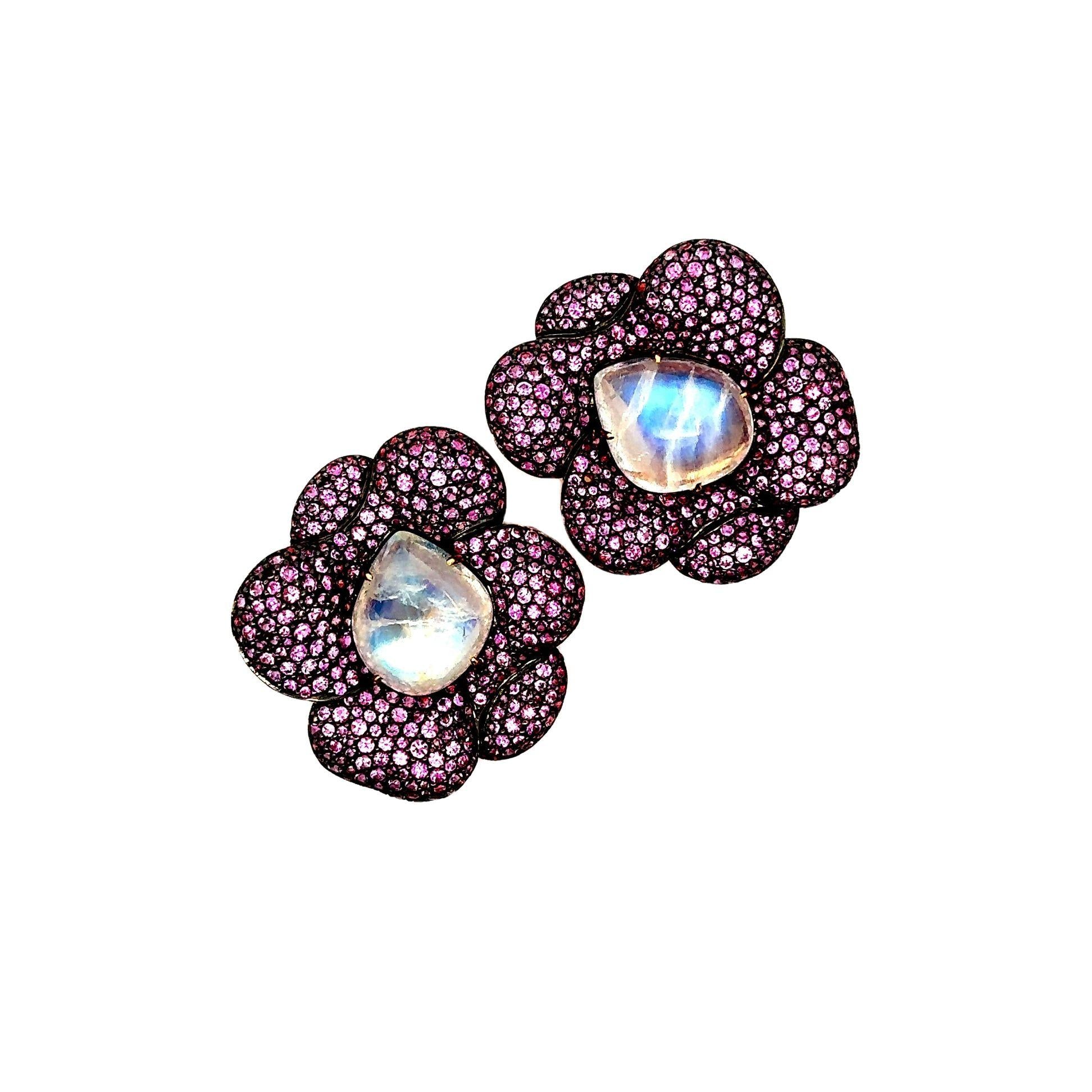 Moonstone Pink Sapphire 18k Rose-Gold Floral Earrings