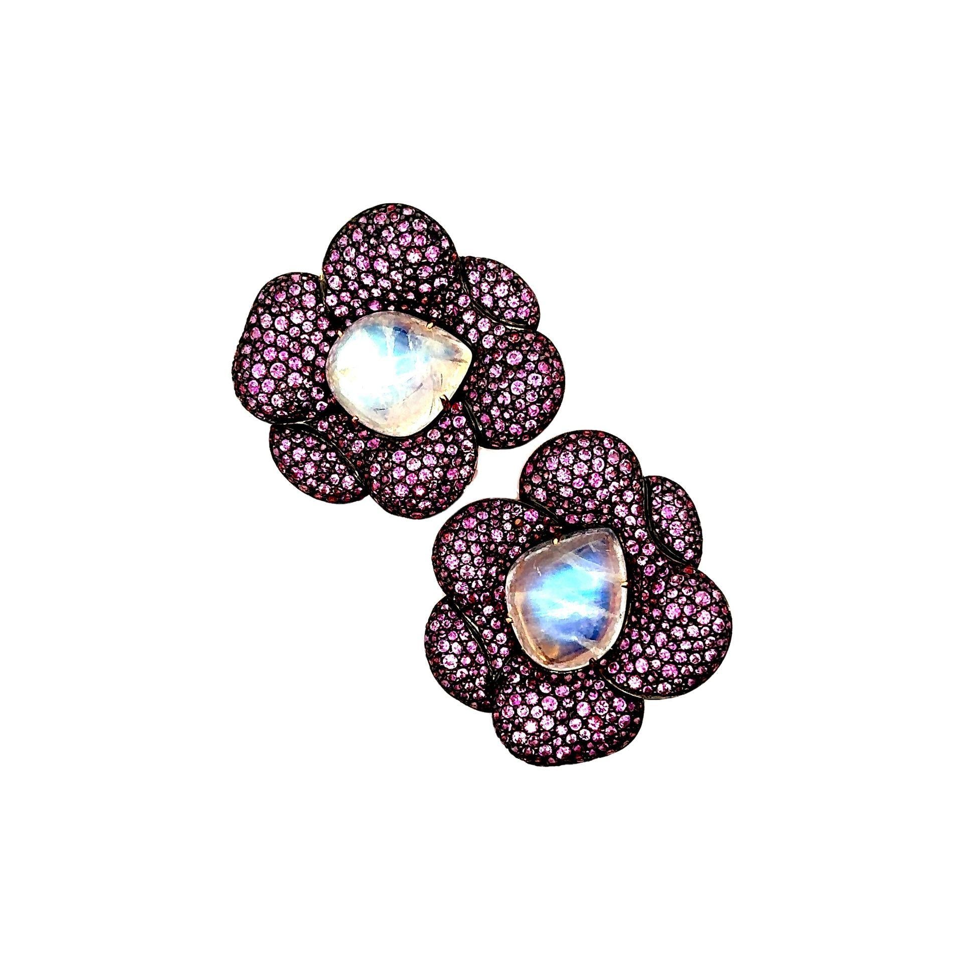 Moonstone Pink Sapphire 18k Rose-Gold Floral Earrings