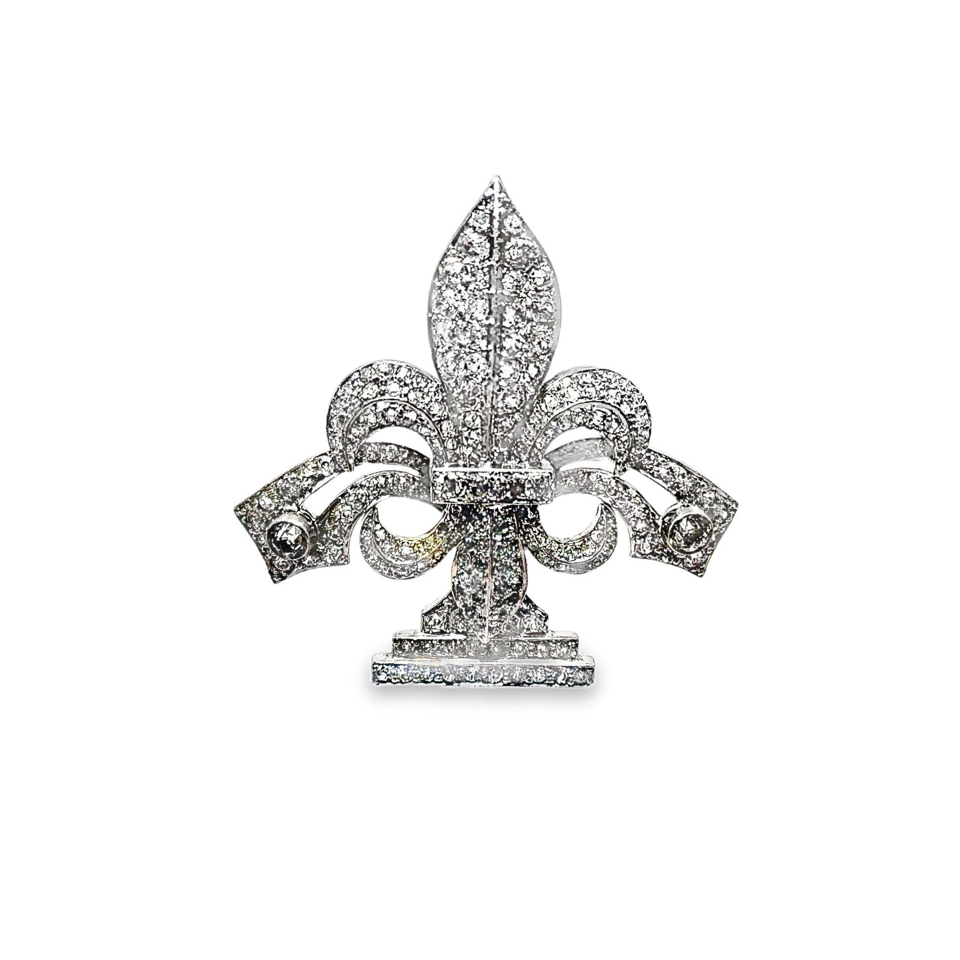 Antique Diamond 14k Gold Silver-Topped Fleur De Lis Brooch