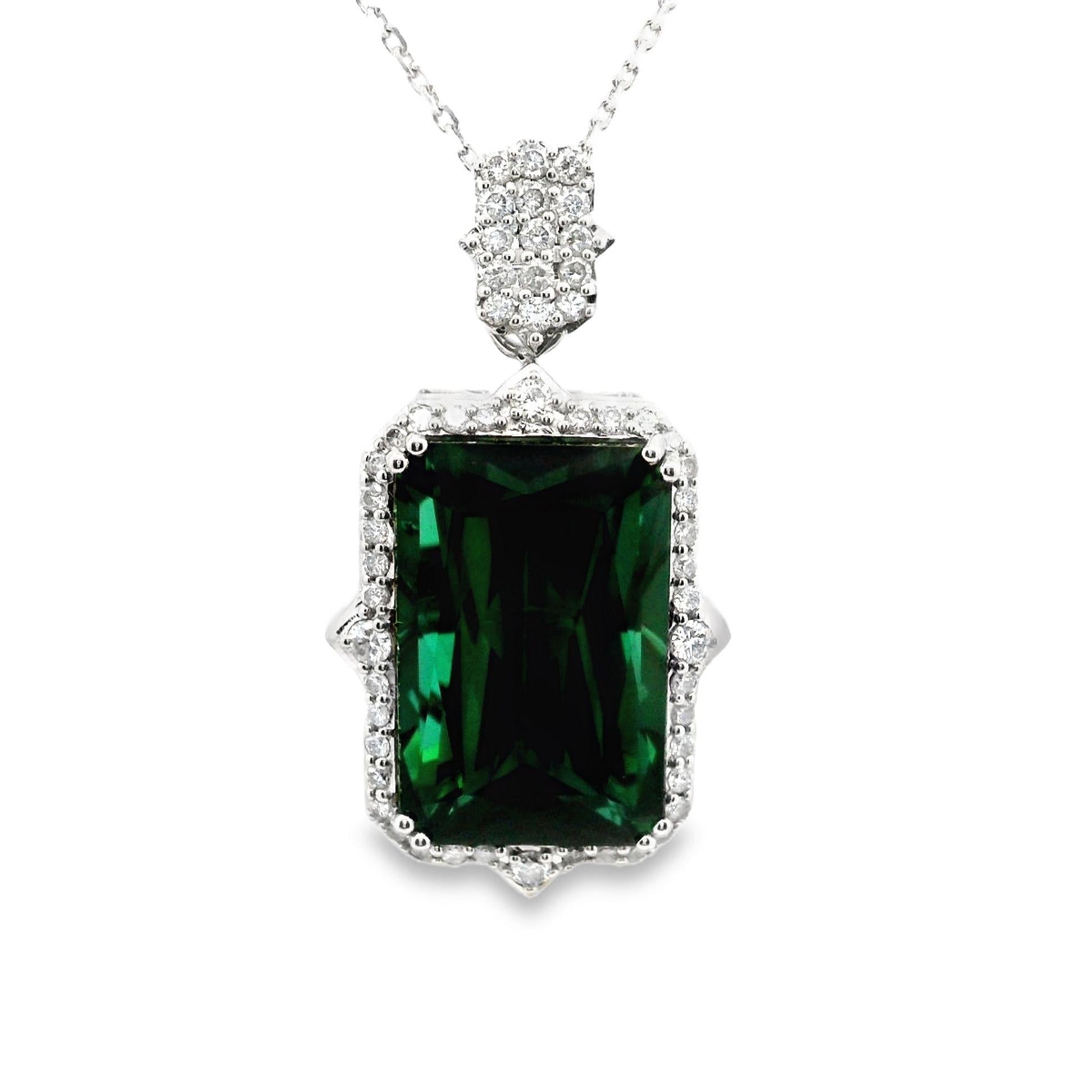 18.12 Carat Green Tourmaline Diamond 14k White Gold Pendant