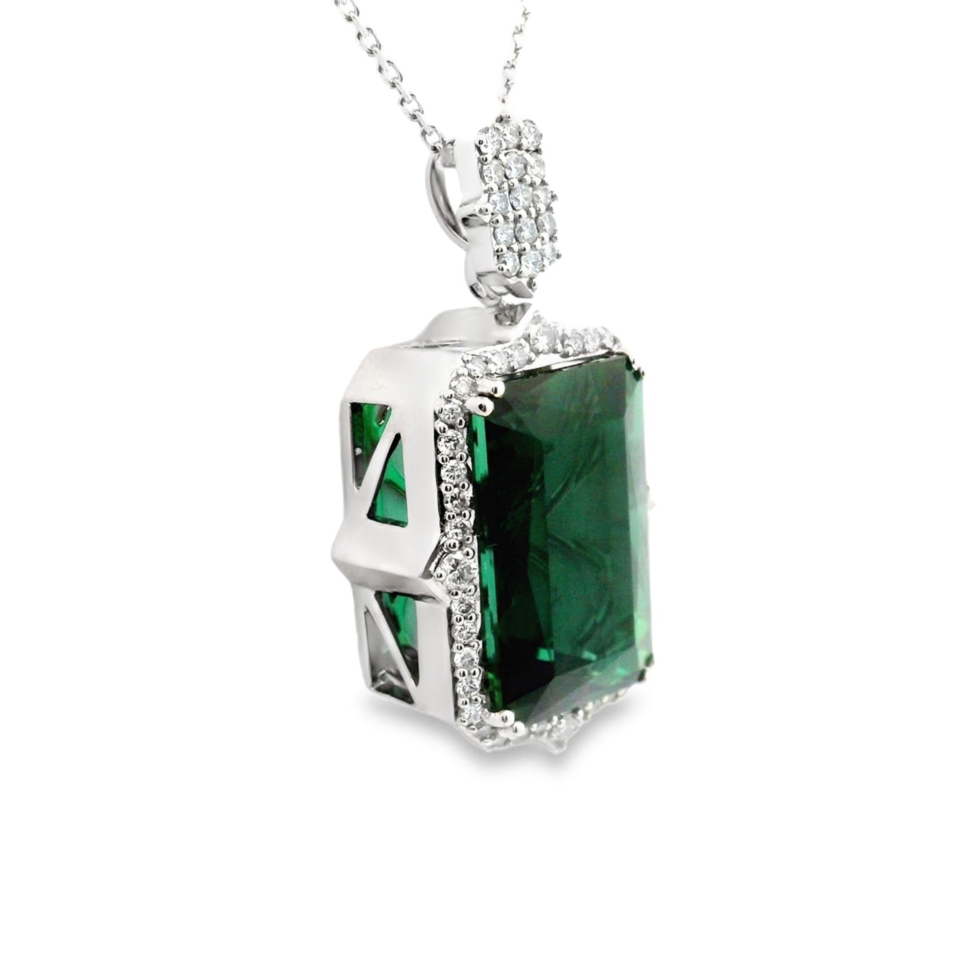 18.12 Carat Green Tourmaline Diamond 14k White Gold Pendant