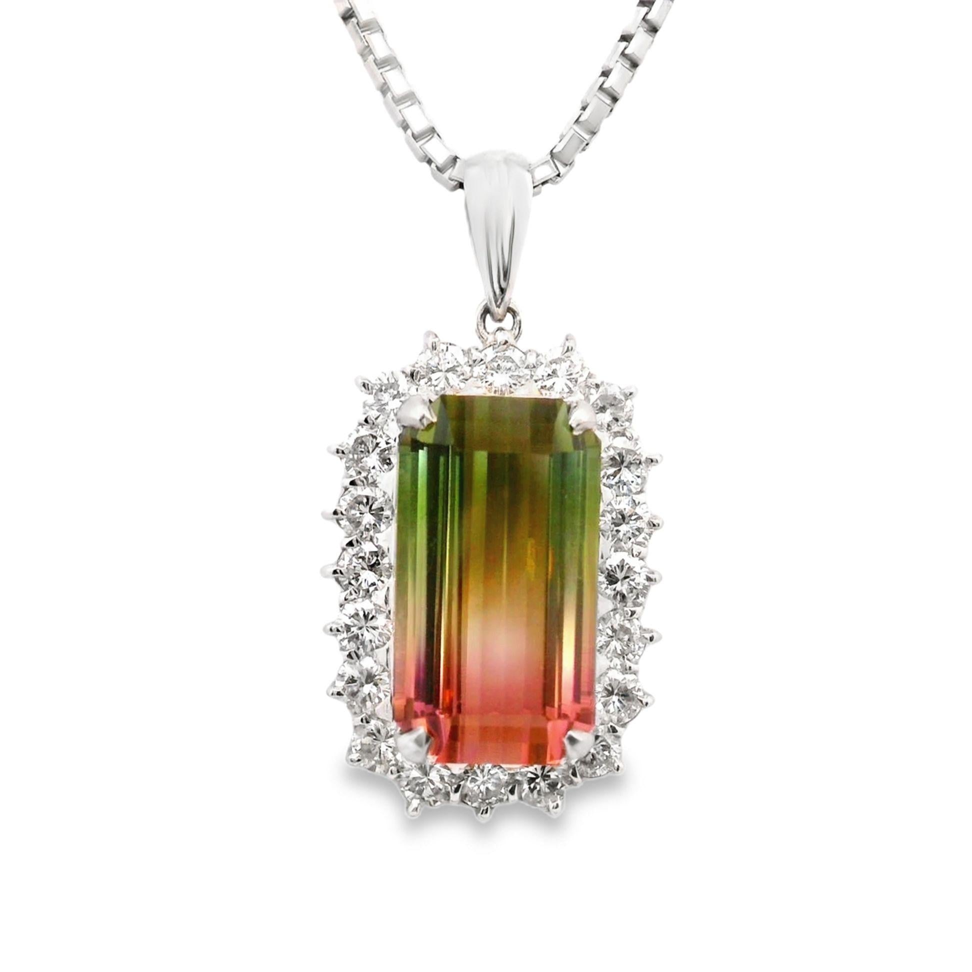 12.53 Carat Watermelon Tourmaline Diamond-Halo Platinum Pendant Necklace