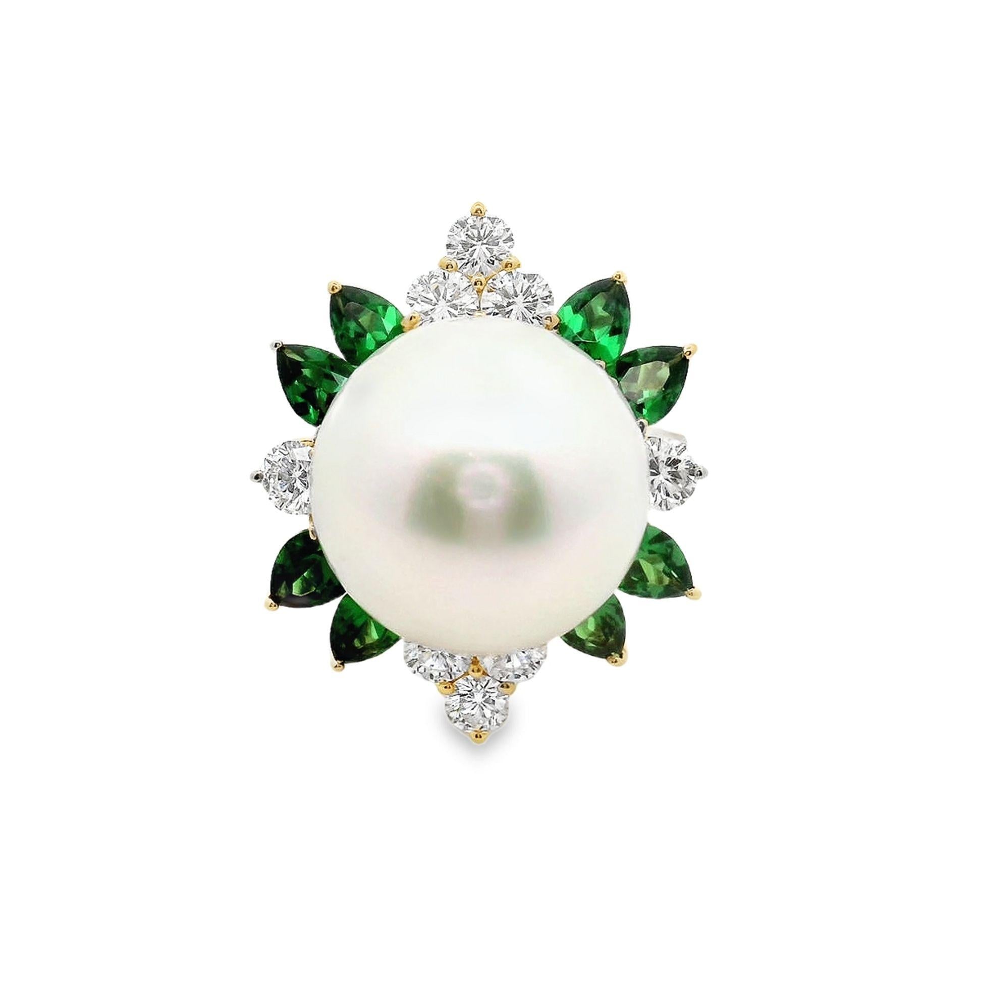 15mm South Sea Pearl Tsavorite Diamond 18k Yellow Gold Cocktail Ring