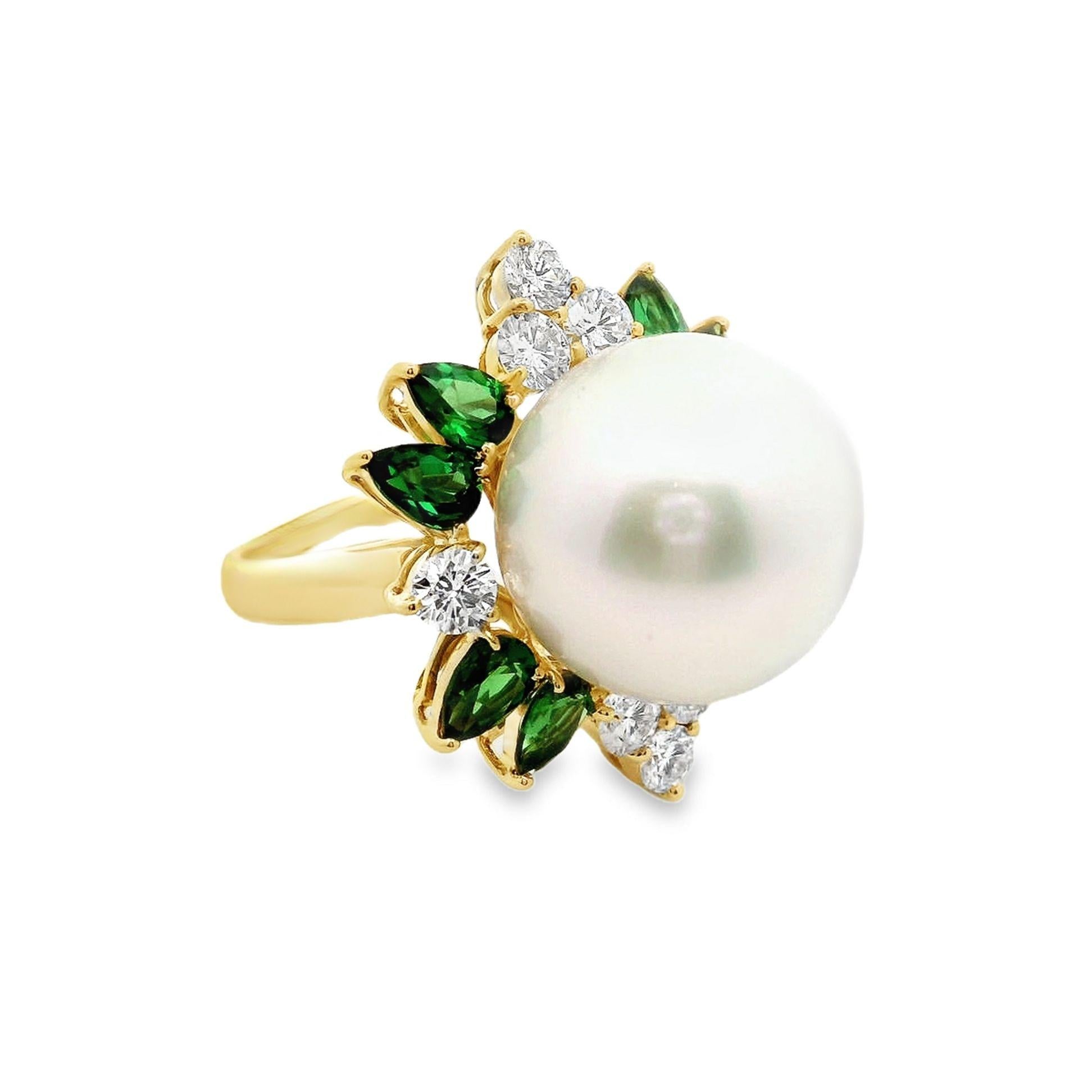 15mm South Sea Pearl Tsavorite Diamond 18k Yellow Gold Cocktail Ring