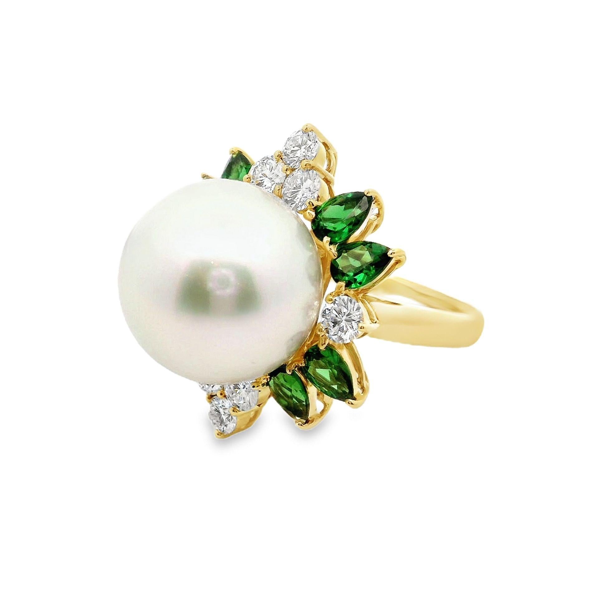 15mm South Sea Pearl Tsavorite Diamond 18k Yellow Gold Cocktail Ring