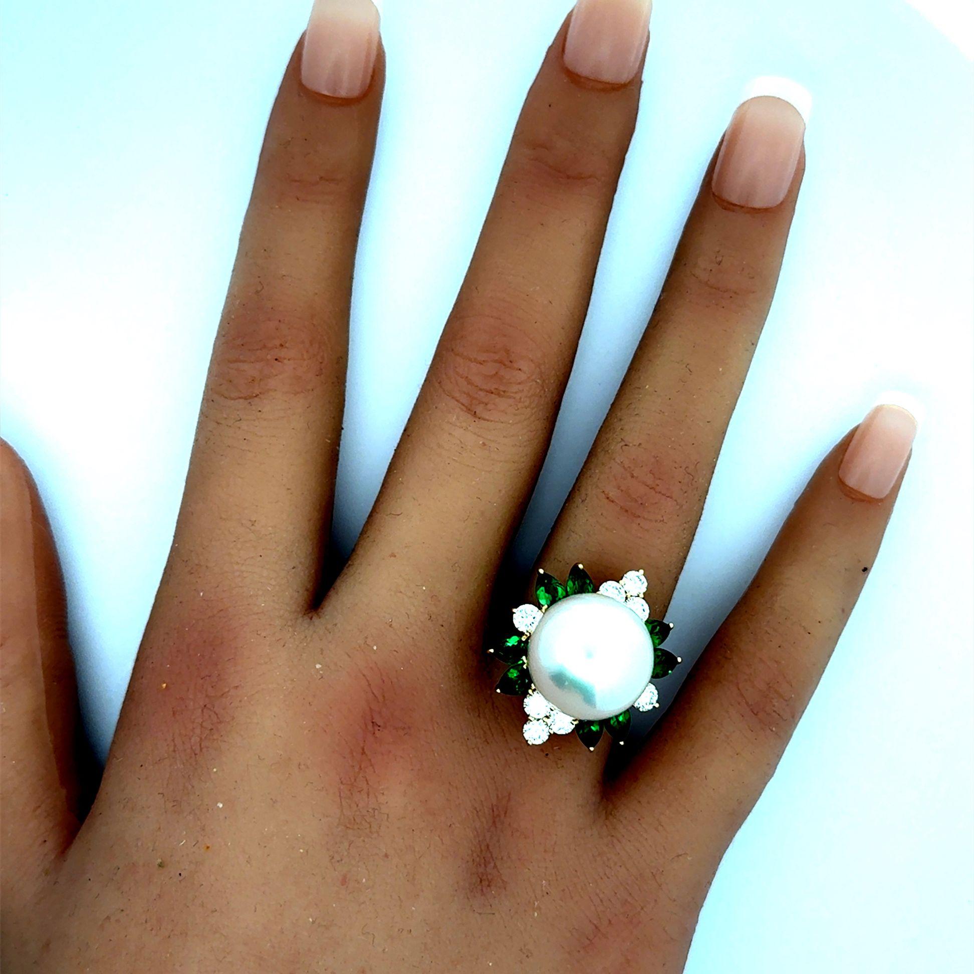 15mm South Sea Pearl Tsavorite Diamond 18k Yellow Gold Cocktail Ring