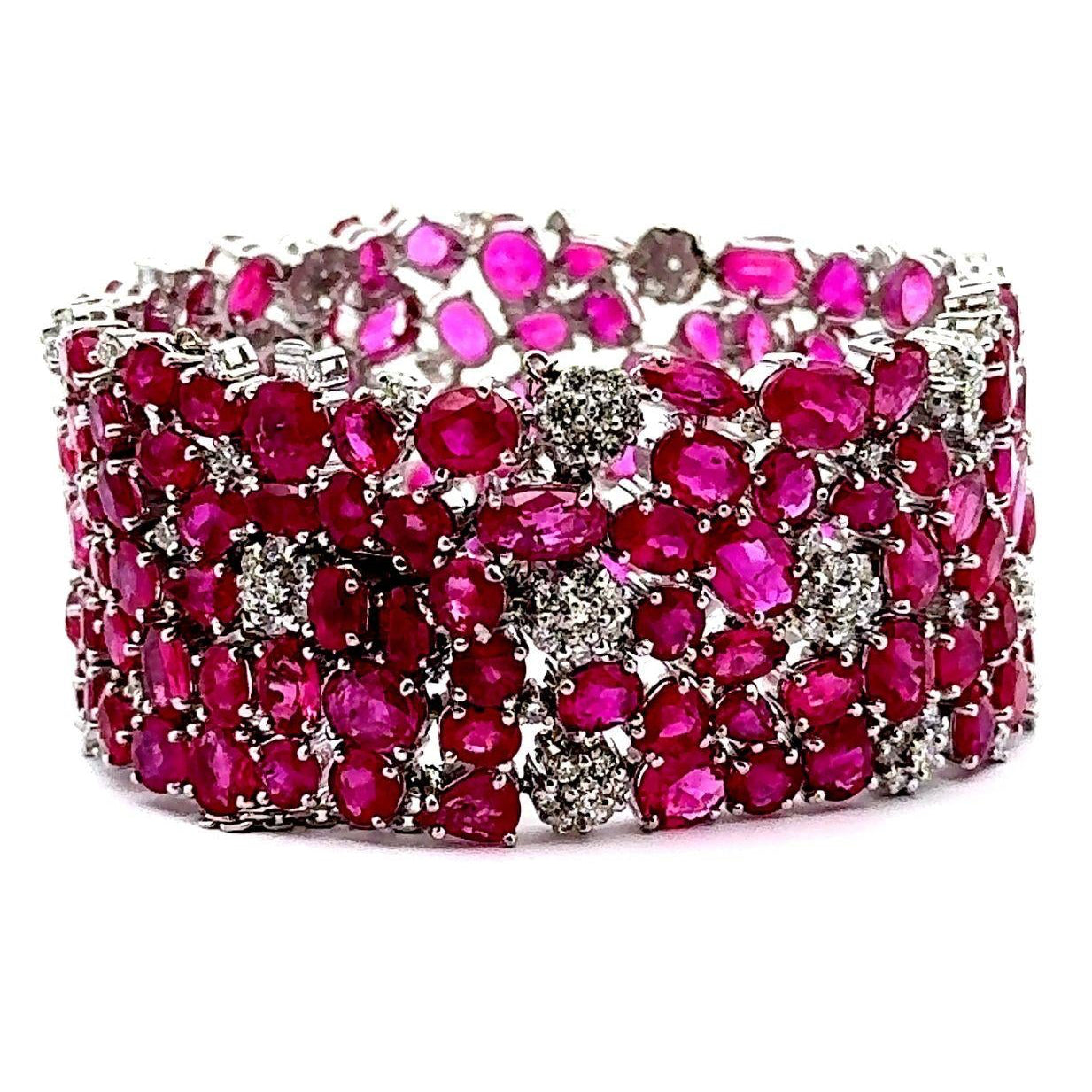 Wide Ruby Diamond 18k White Gold Cluster Bracelet