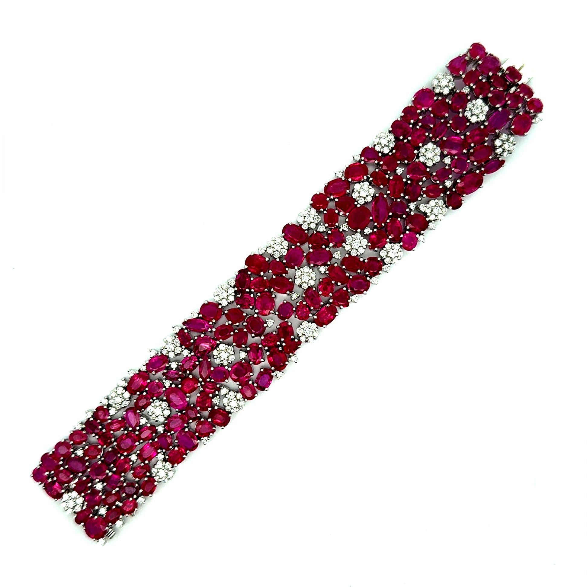 Wide Ruby Diamond 18k White Gold Cluster Bracelet