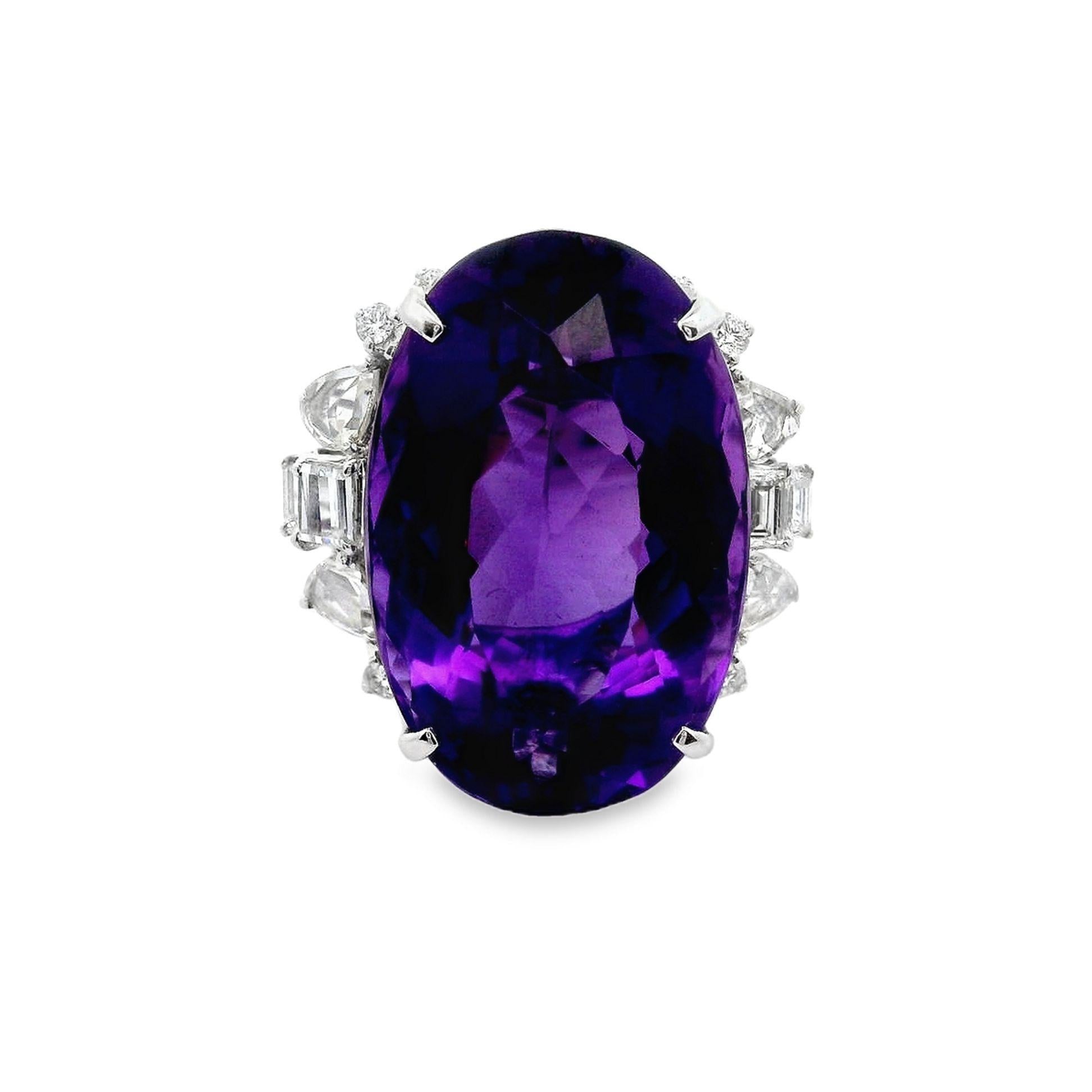 32.54 Carat Amethyst Diamond 18k White Gold Cocktail Ring